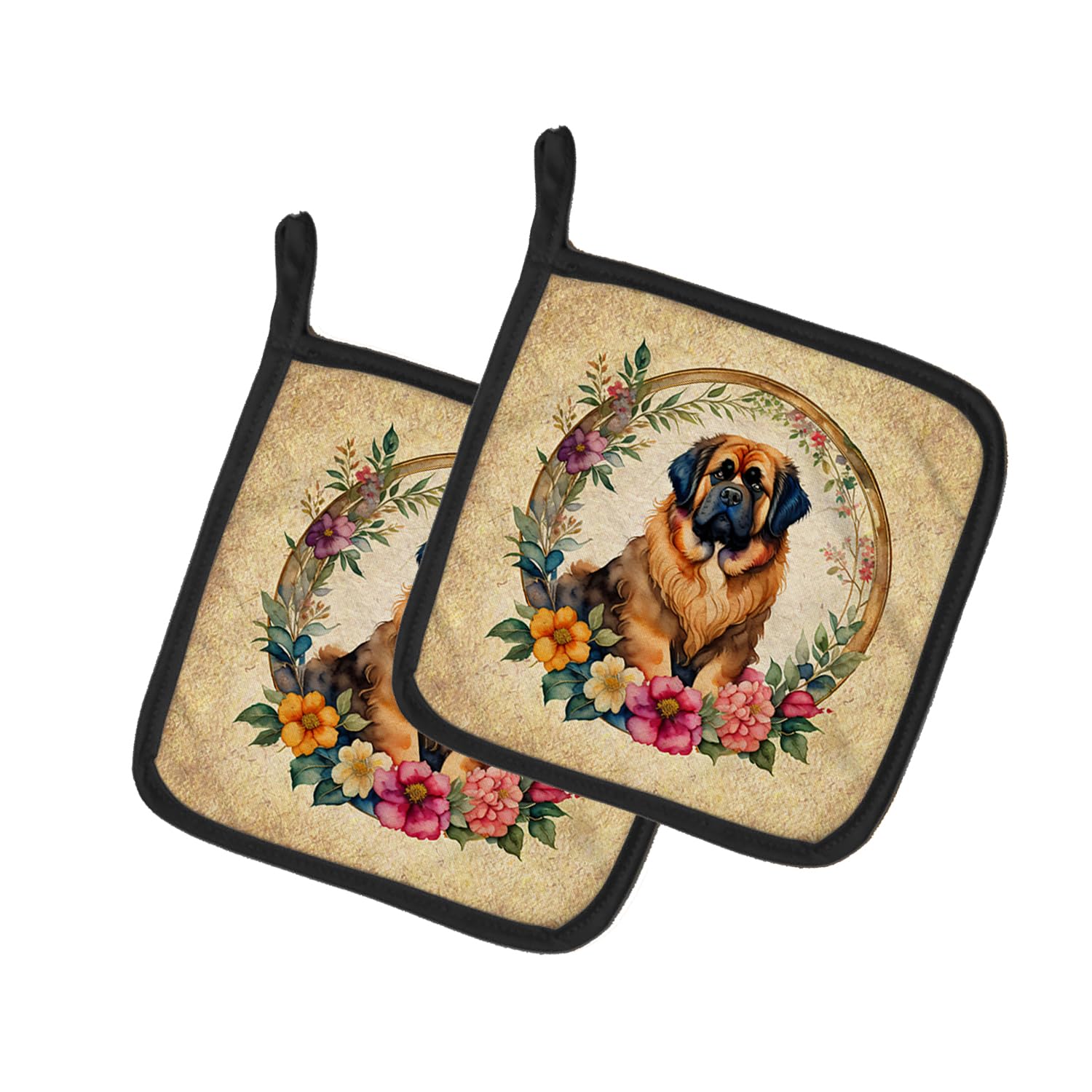 Tibetan Mastiff and Flowers Pair of Pot Holders