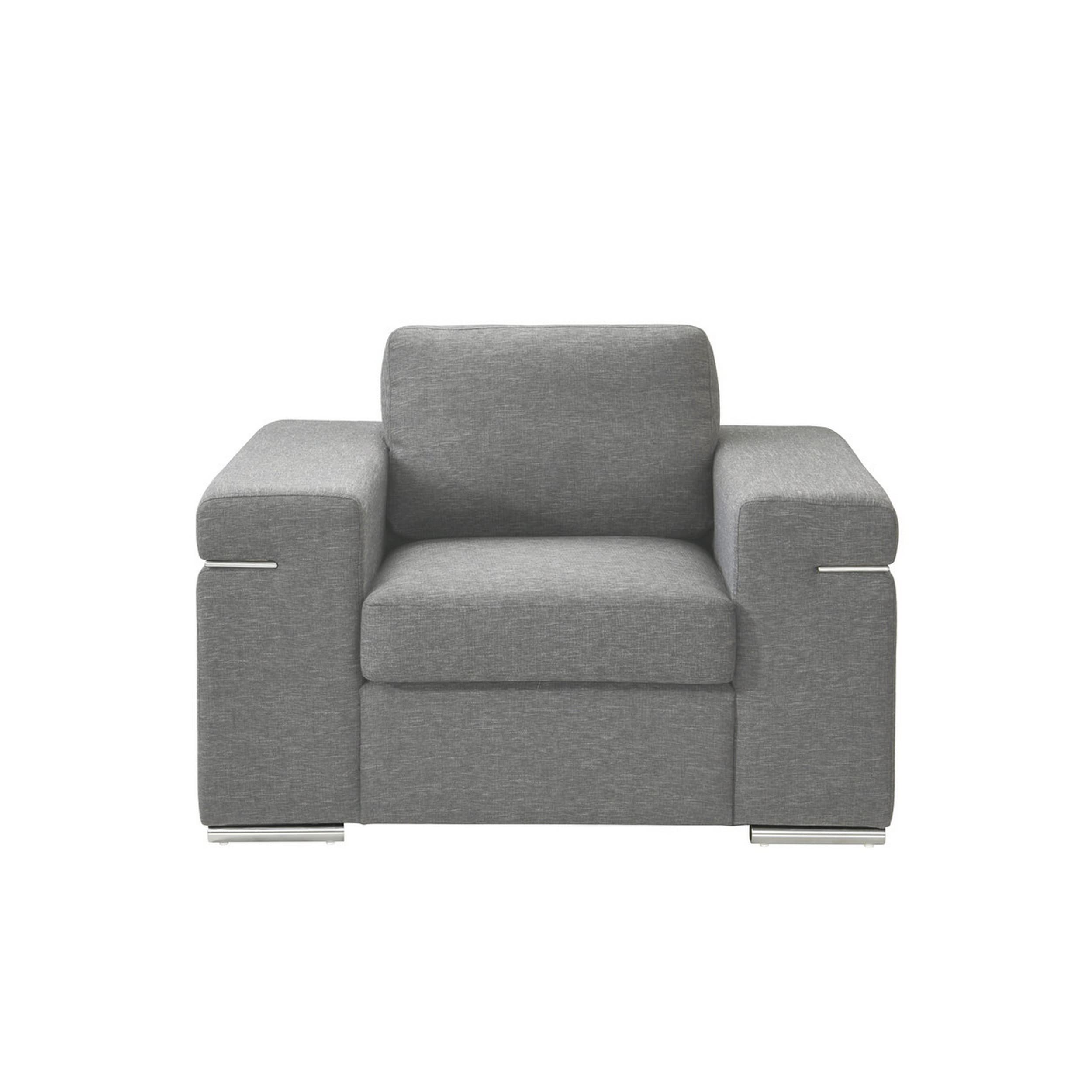 Aria 45 Inch Armchair, European Design, Stainless Steel, Light Gray Fabric