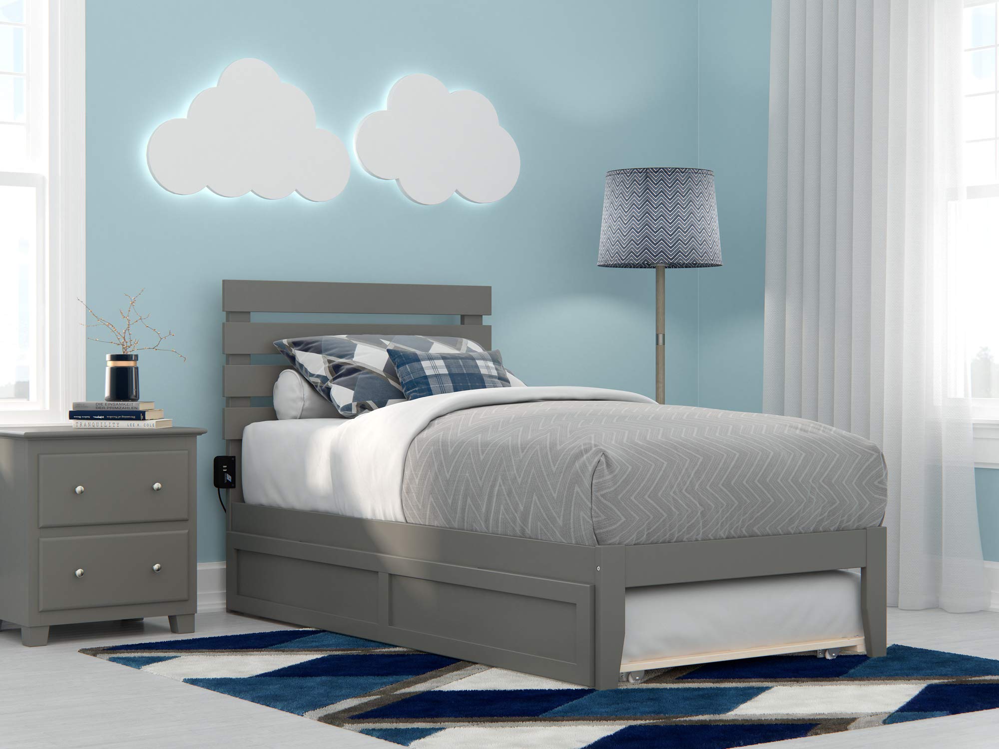 AFI Oxford Twin Size Platform Bed with Twin Trundle & Charging Station in Grey