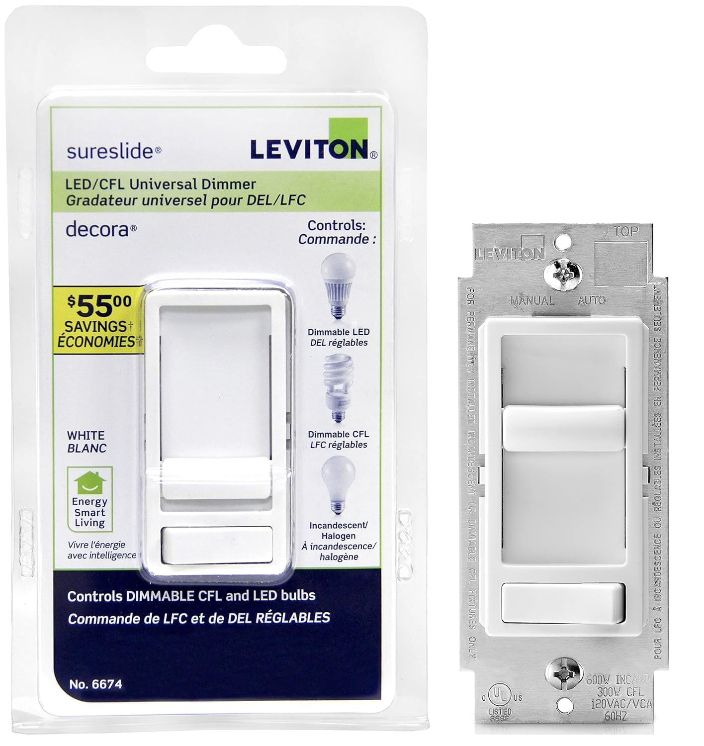Leviton Sureslide Dimmer Switch For Dimmable Led, Halogen And Incandescent Bulbs, 6674-P0W, White
