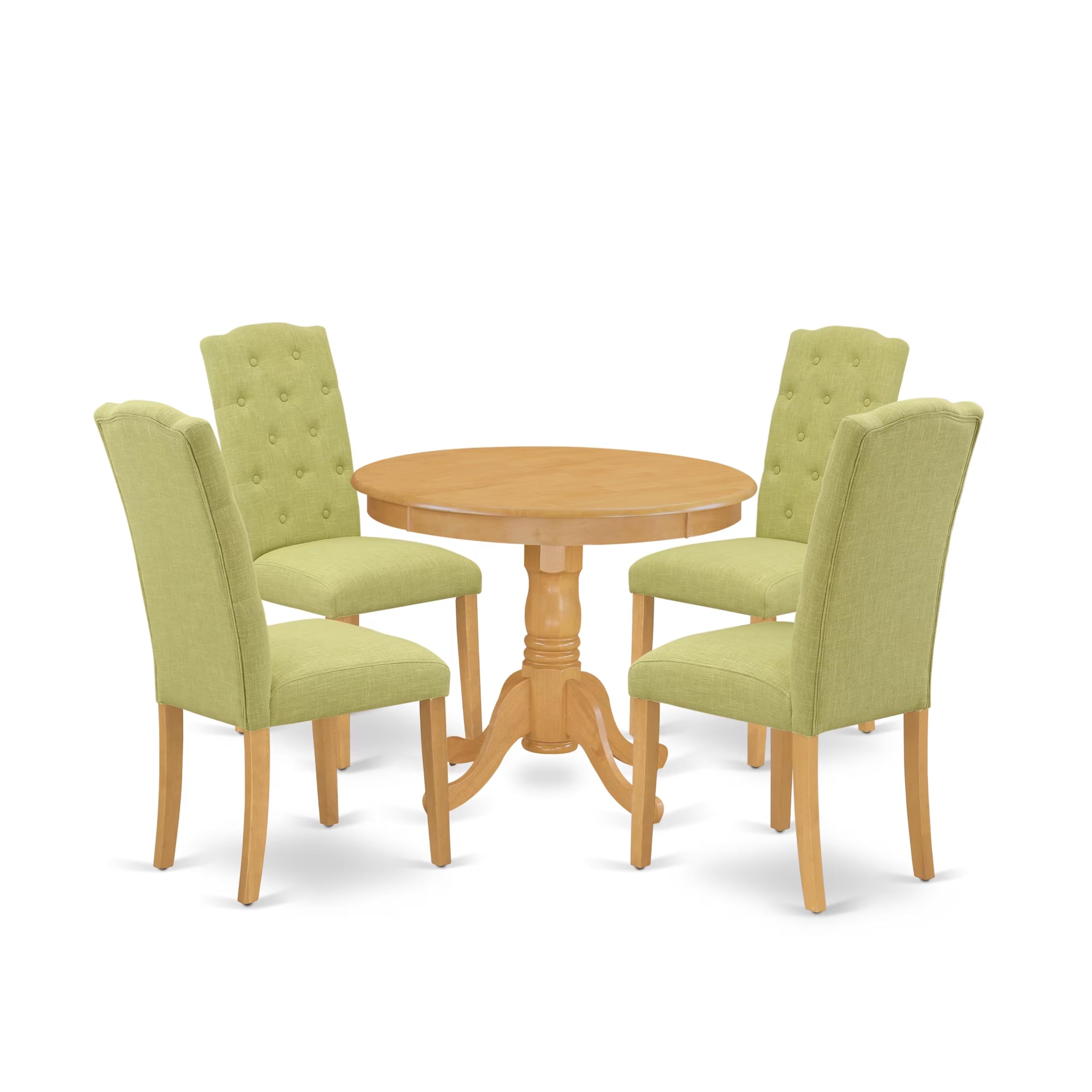 ANCE5-OAK-07 5Pc Dining Set Includes a Small Round Dinette Table and Four Parson Chairs with Lime Green Fabric, Oak Finish