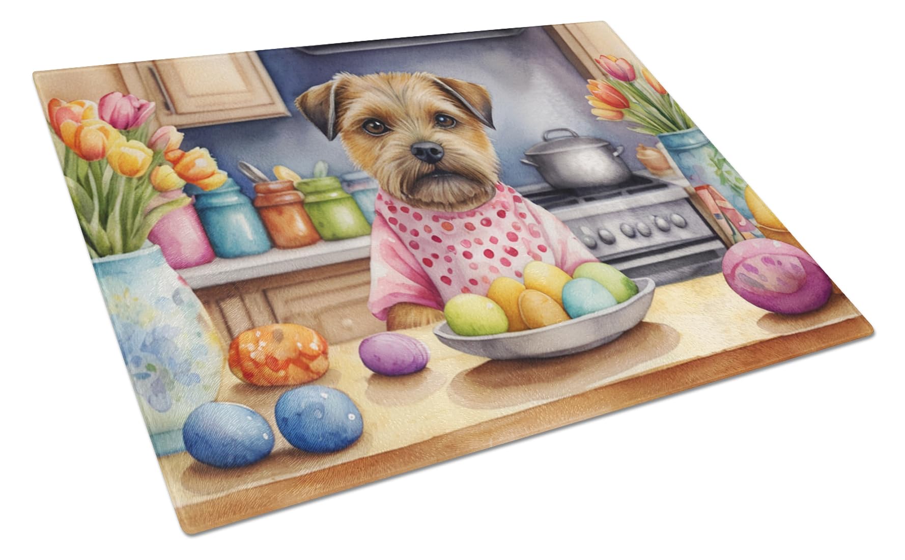 Carolines Treasures DAC6768LCB Decorating Easter Border Terrier Glass Cutting Board Decorative Tempered Glass Kitchen Cutting and Serving Board Large Size Chopping Board