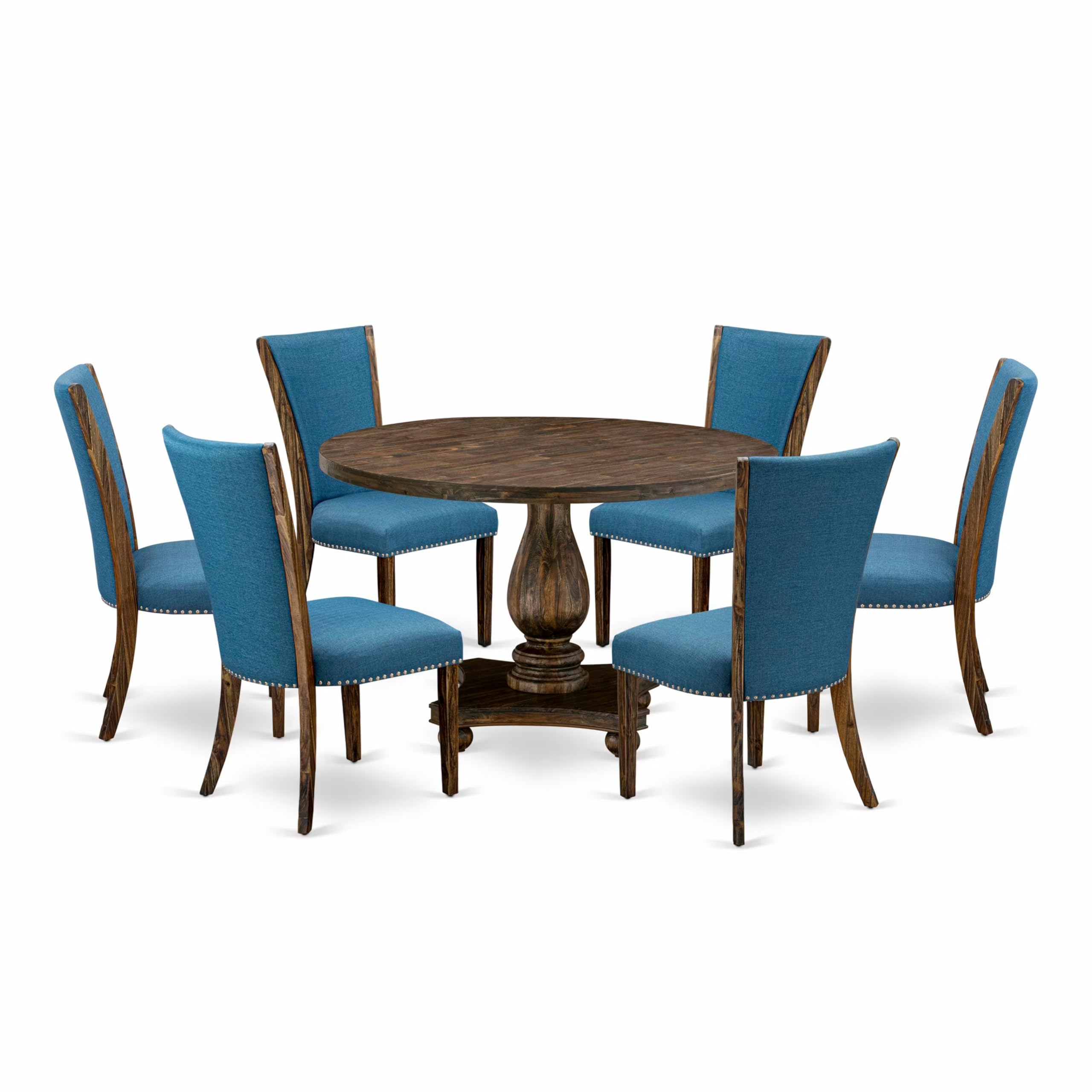 East West Furniture 7-Piece Dining Table Set - Dining Room Table and 6 Blue Color Parson Modern Kitchen Chairs with High Back - Distressed Jacobean Finish