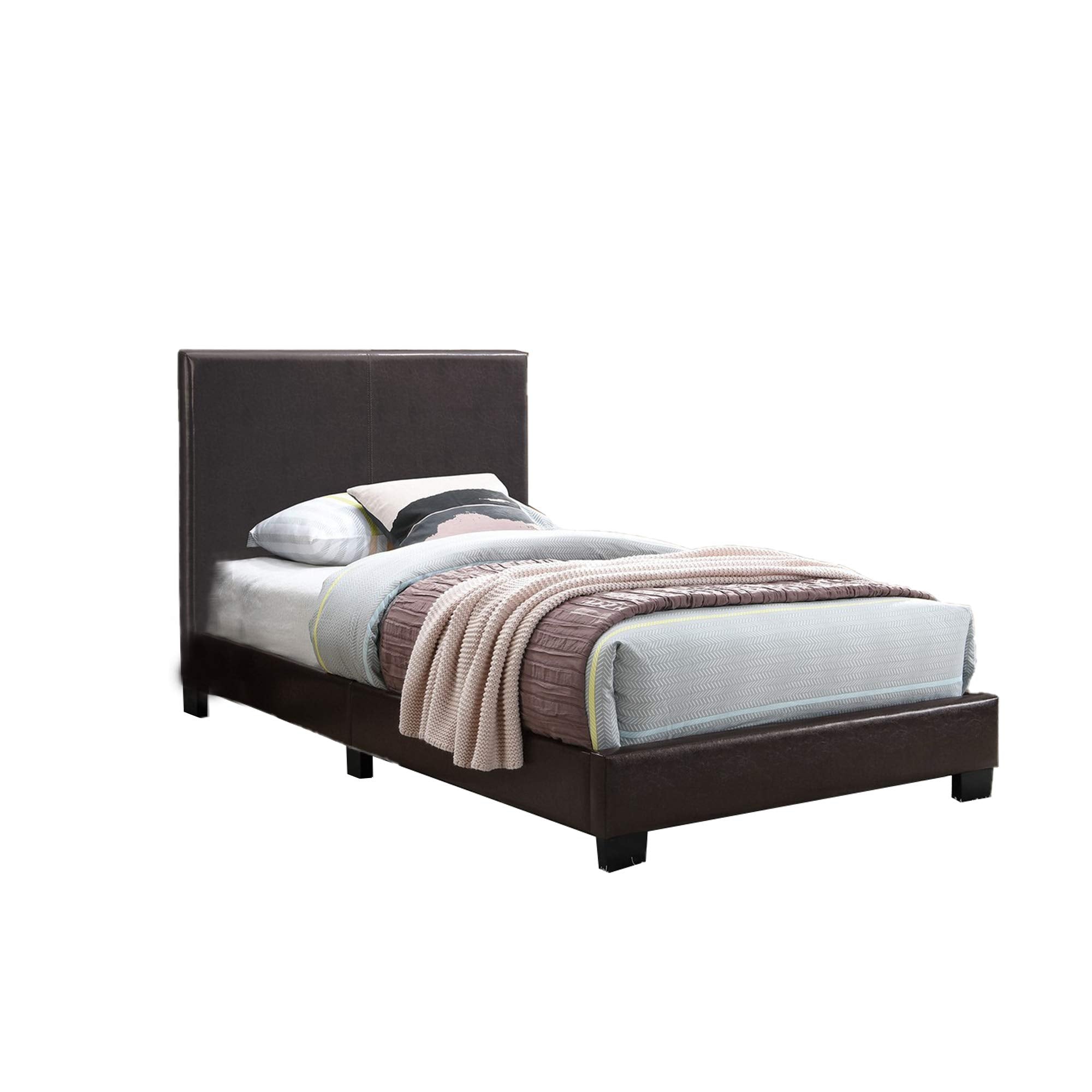 Transitional Style Leatherette Full Bed with Padded Headboard, Dark Brown