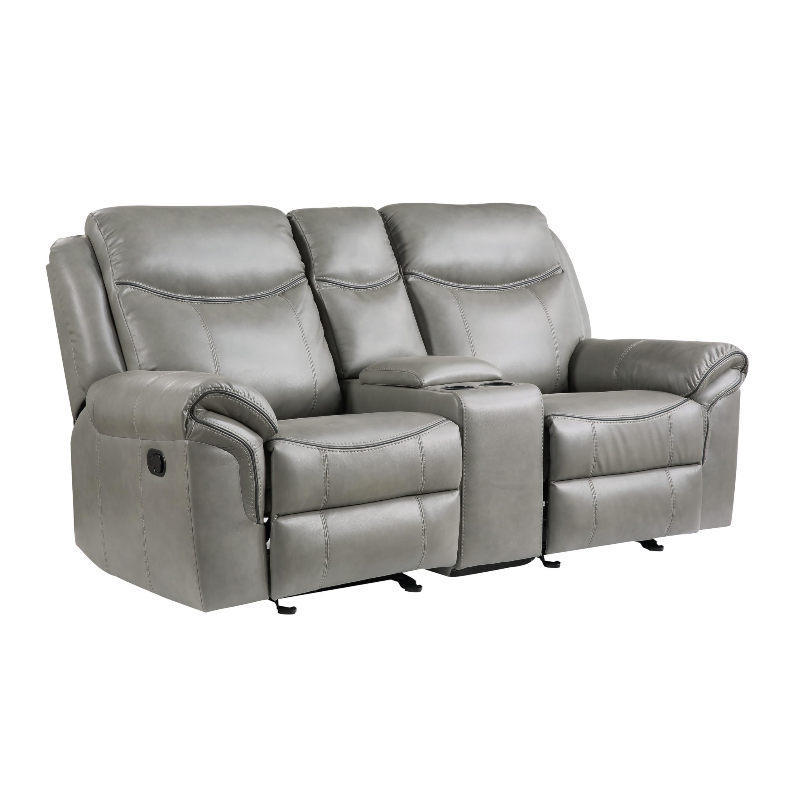 Max 80 Inch Dual Manual Recliner Loveseat, Cupholders, Gray Faux Leather