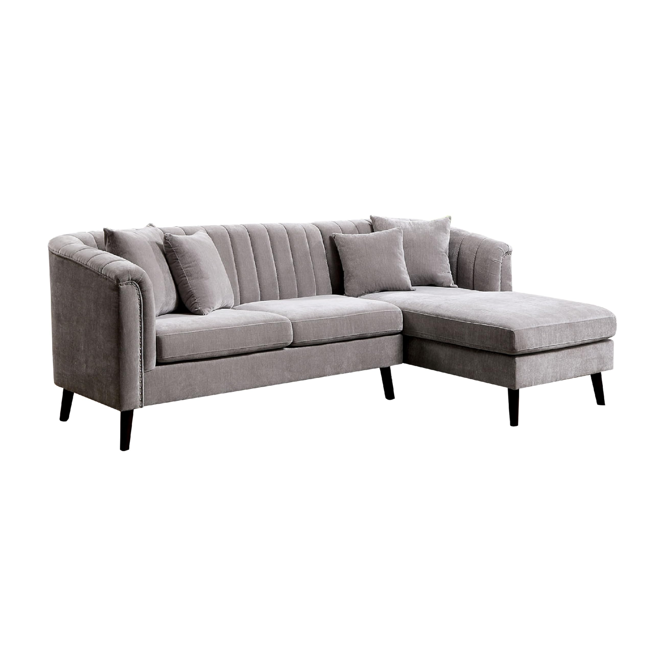 Willy L-Shaped Sectional, 4 Pillows, Gray Tufted Chenille, 99 Inch