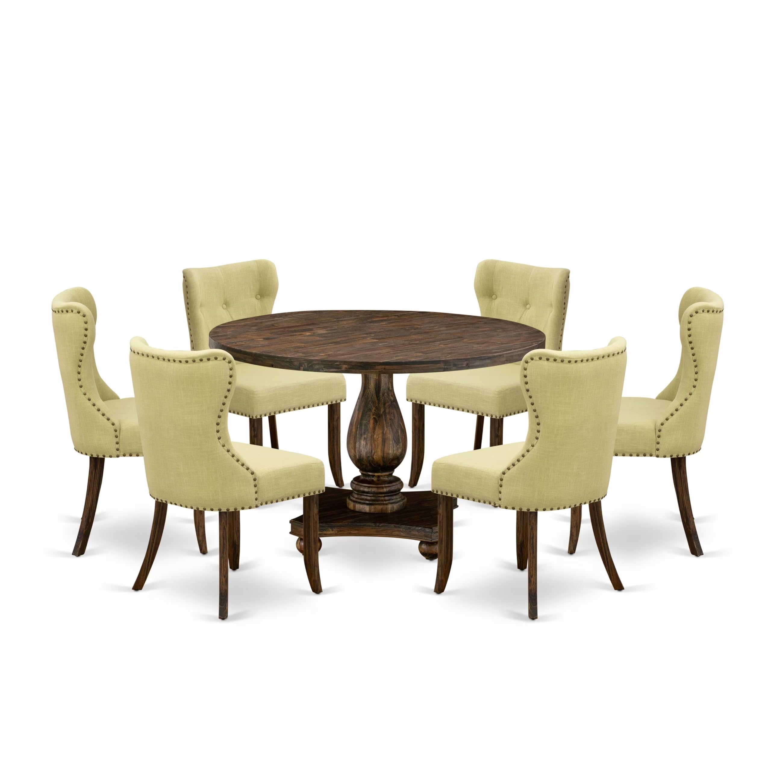 East West Furniture 7-Pc Dining Set - Wood Dining Table and 6 Limelight Color Parson Kitchen Chairs with Button Tufted Back - Distressed Jacobean Finish