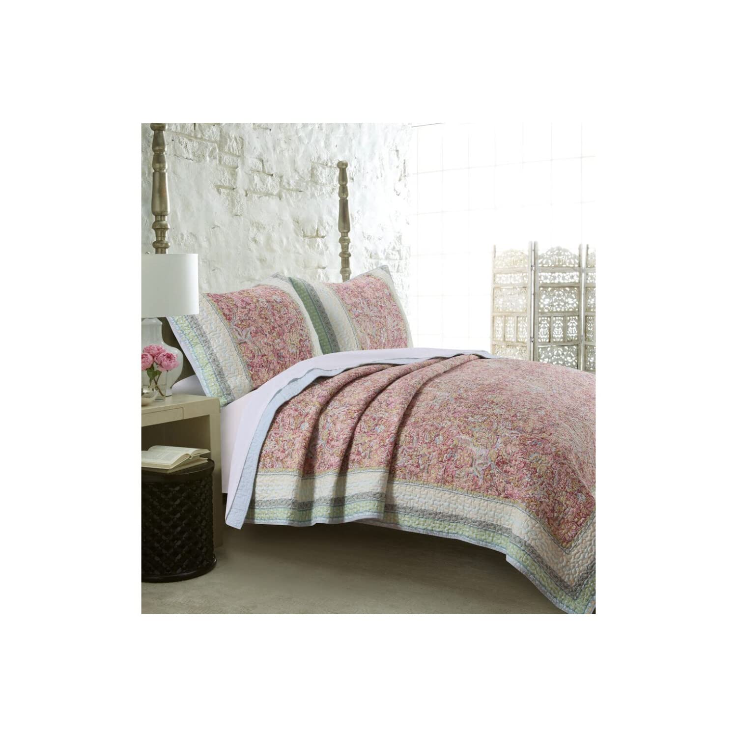 Denver 3 Piece Queen Cotton Quilt Set with Fern Branches Print, Multicolor