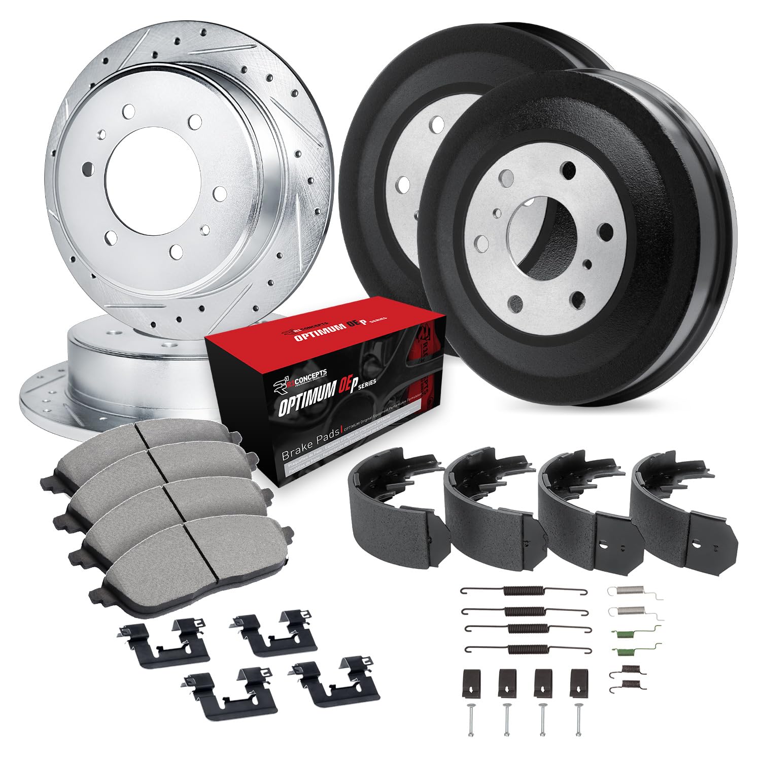 R1 Concepts Drilled and Slotted Silver Disc Brake Rotor and Drum Set with Optimum Oe Pads, Shoes, and Hardware WGUH2-76003