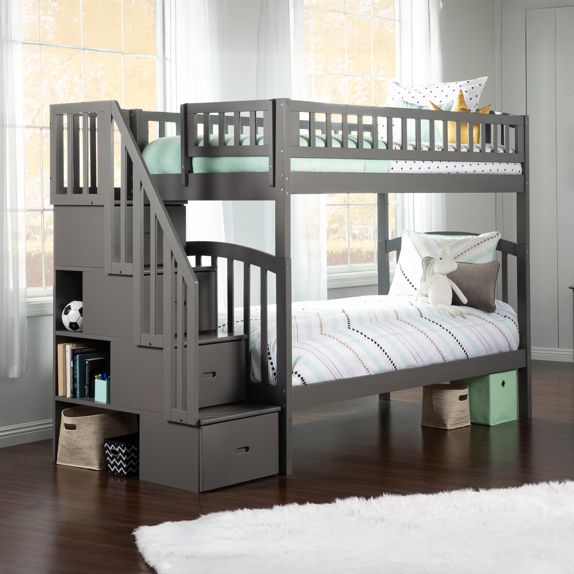 Westbrook Twin over Twin Solid Wood Staircase Bunk Bed in Grey