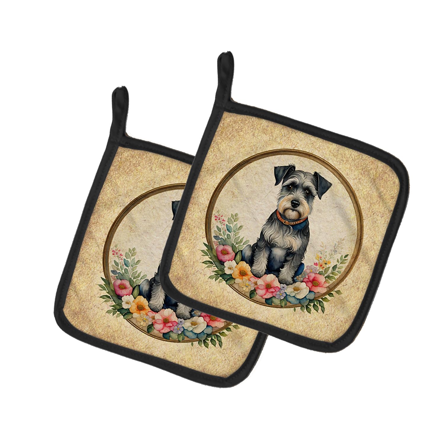 Schnauzer and Flowers Pair of Pot Holders