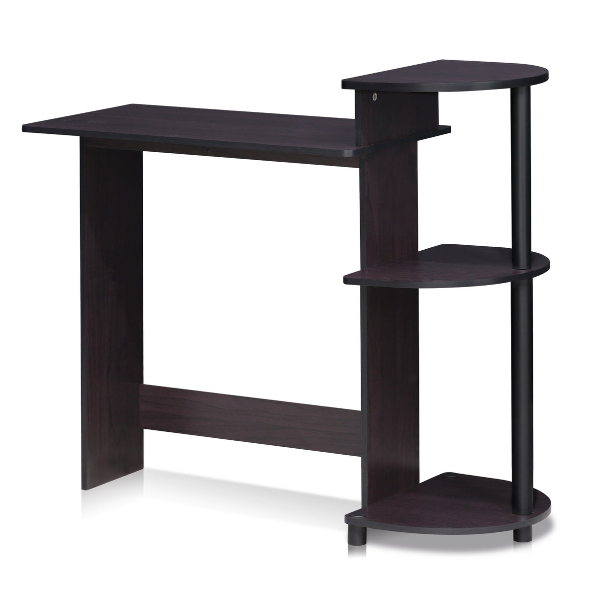 Furinno Compact Computer Desk With Shelves, Round Side, Dark Walnut