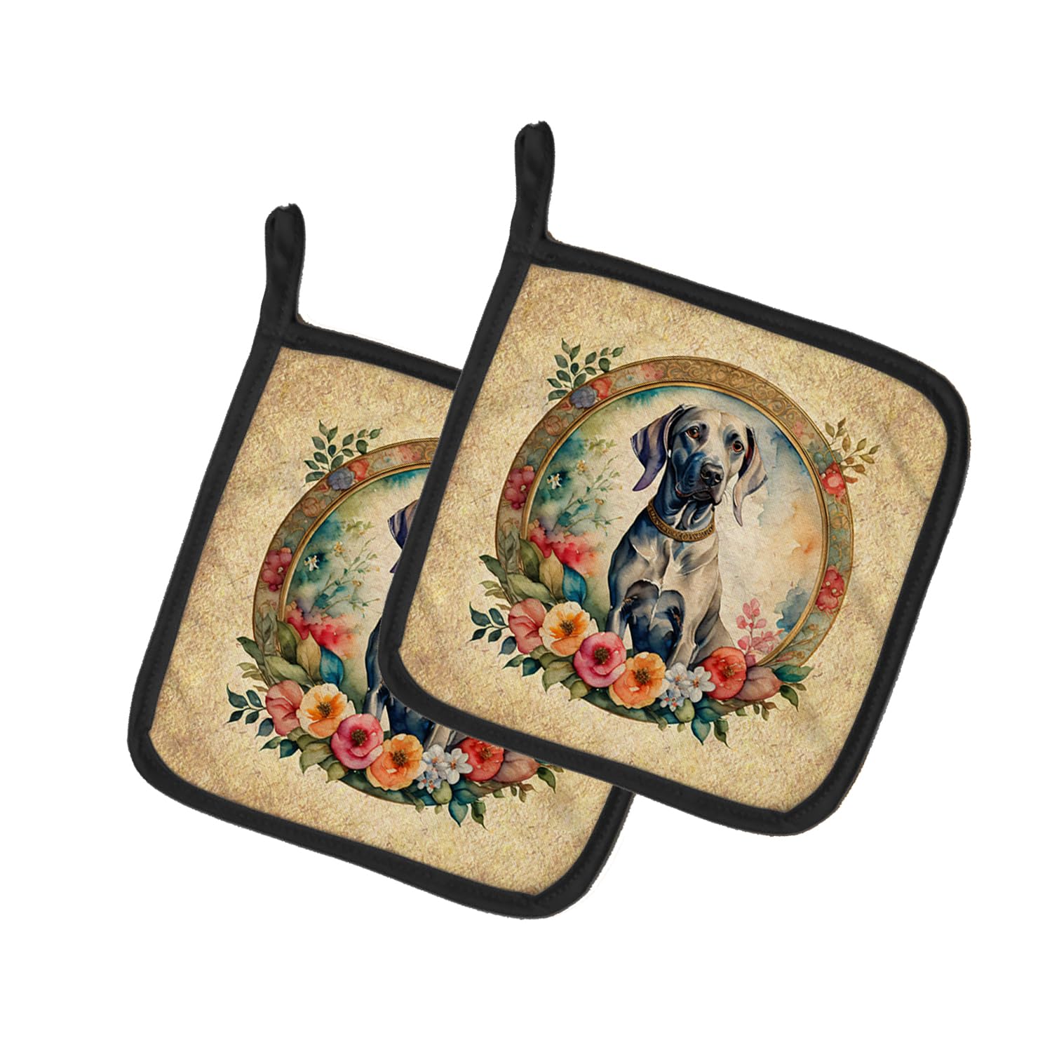 Weimaraner and Flowers Pair of Pot Holders