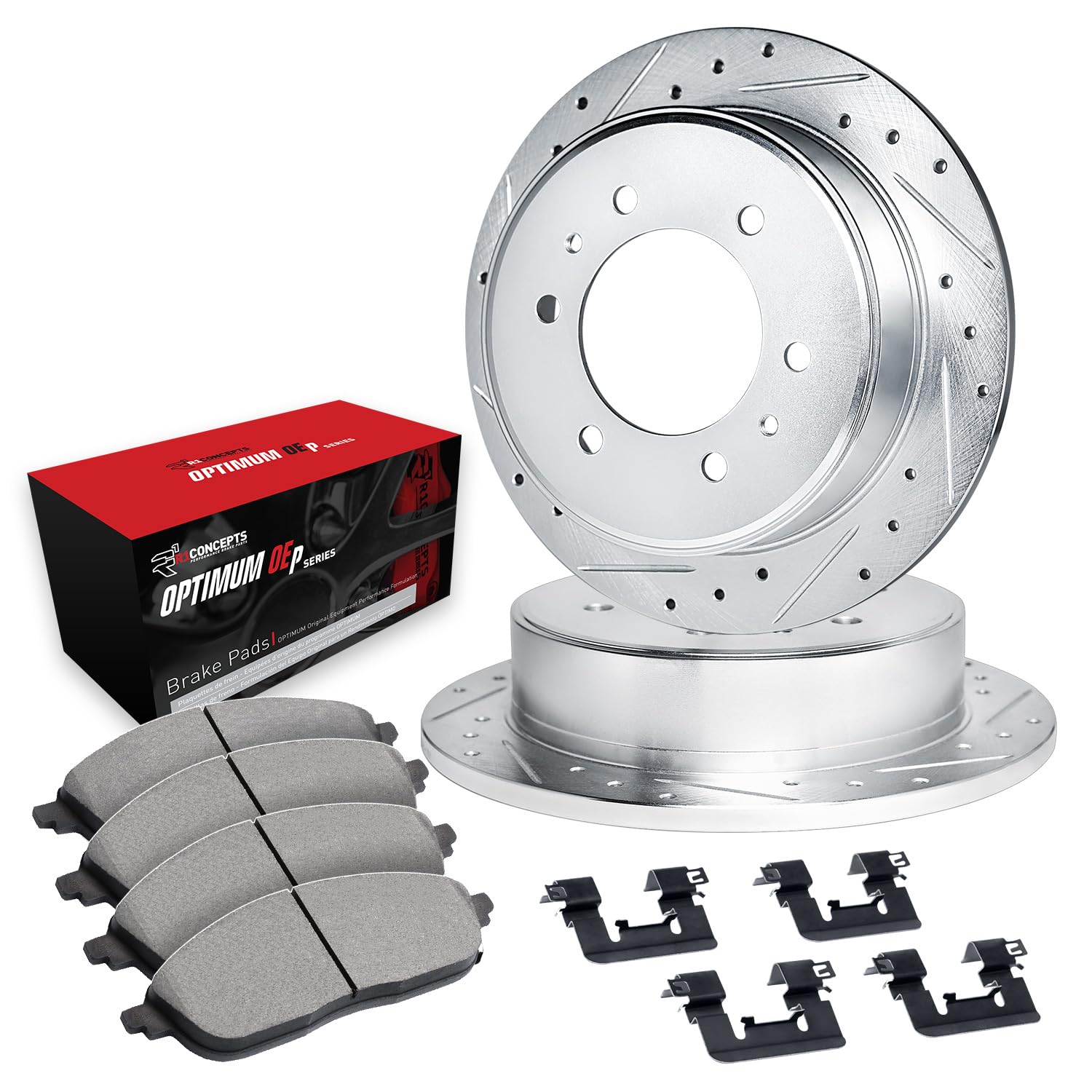 R1 Concepts Drilled and Slotted Silver Disc Brake Rotor Set with Optimum Oe Pads and Hardware WGUH1-72056