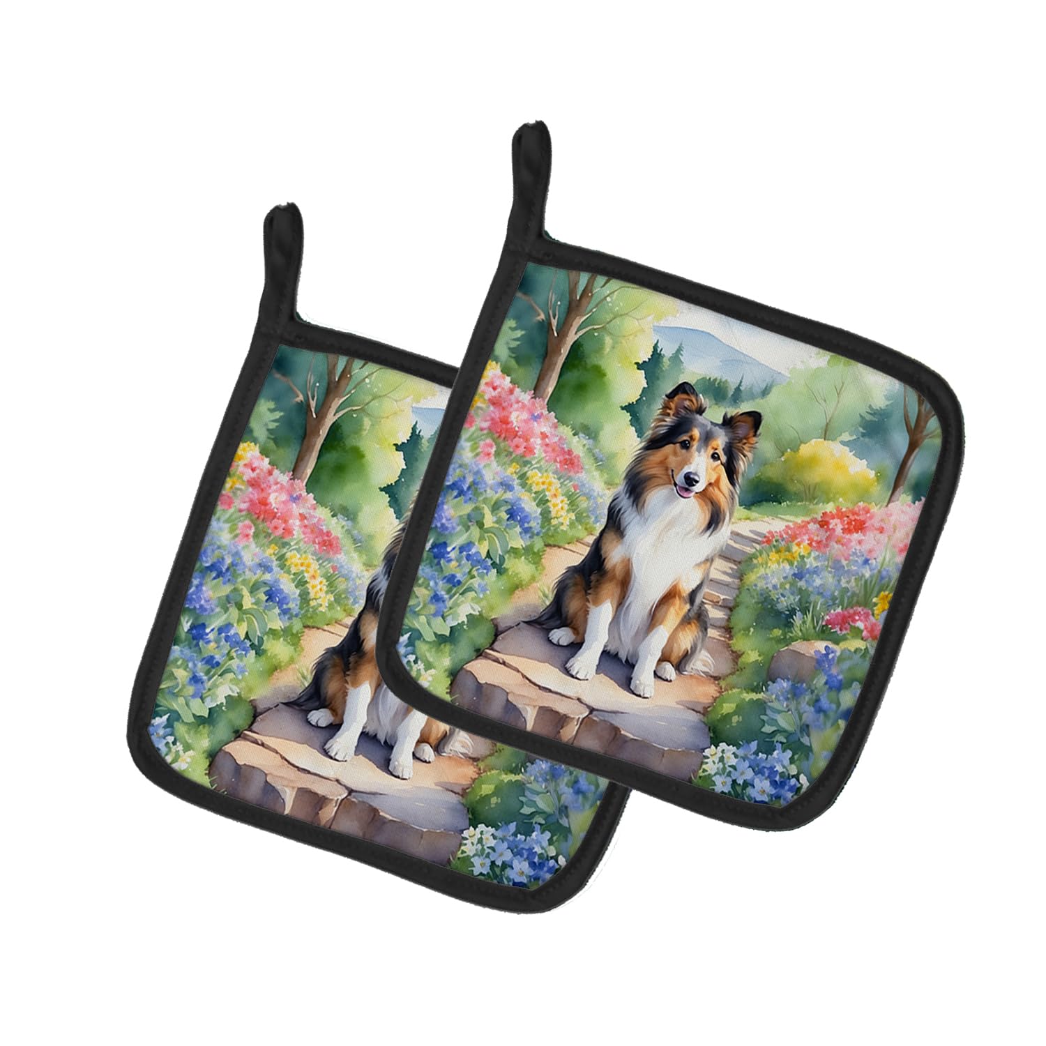 Sheltie Spring Path Pair of Pot Holders