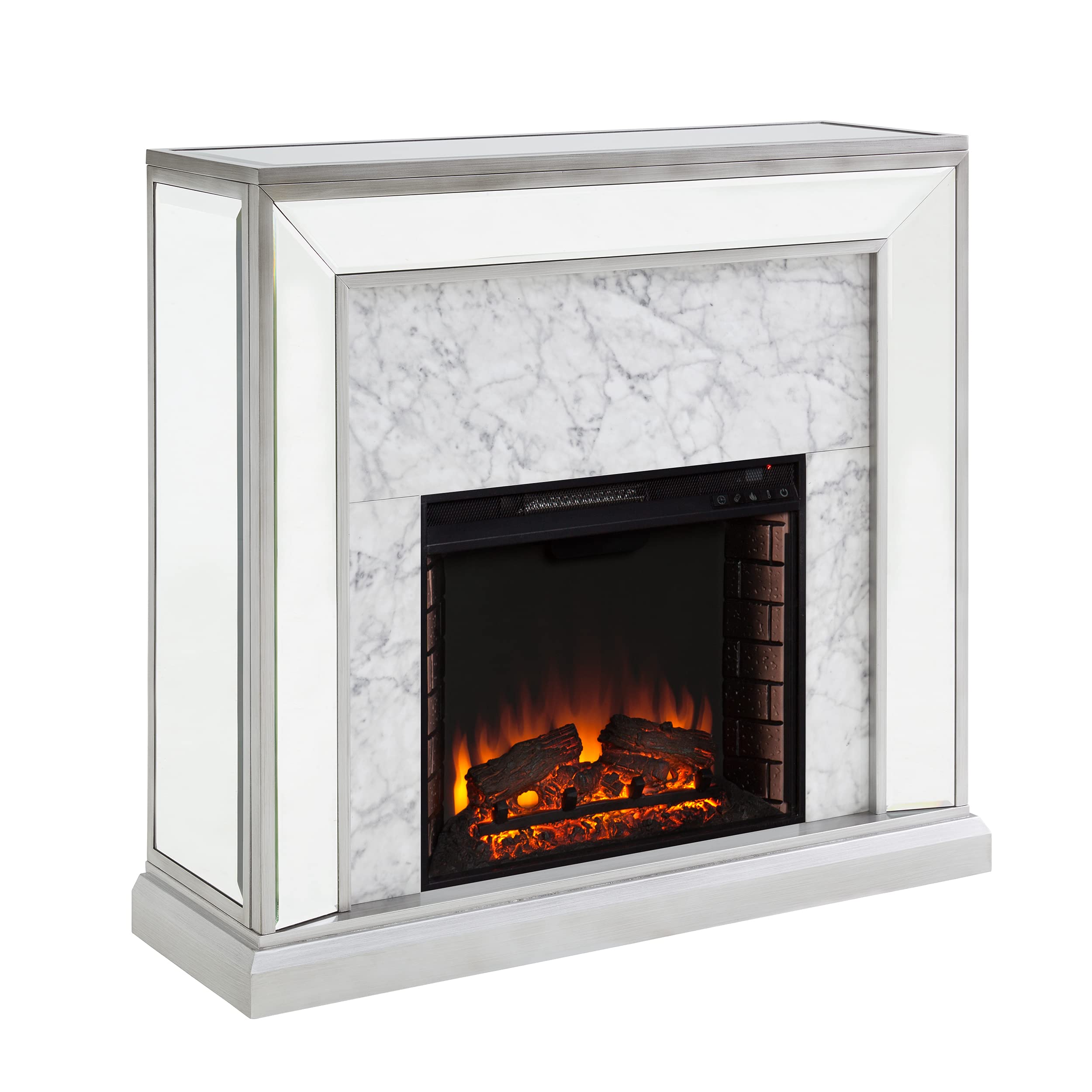Sei Furniture Trandling Mirrored & Faux Electric Fireplace, Antique Silverwhite Marble