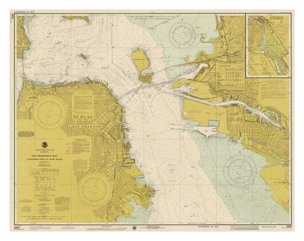 Nautical Chart - San Francisco Bay ca. 1975 - Sepia Tinted-Paper Art-32x25”