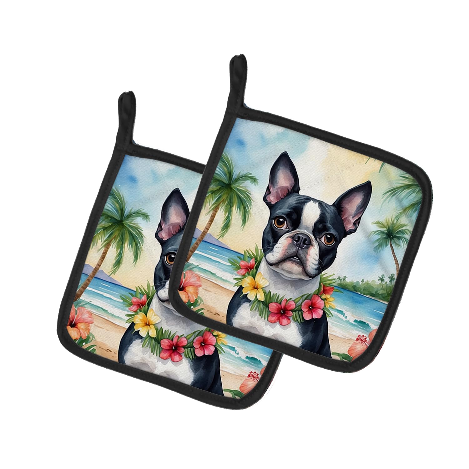 Boston Terrier Luau Pair of Pot Holders
