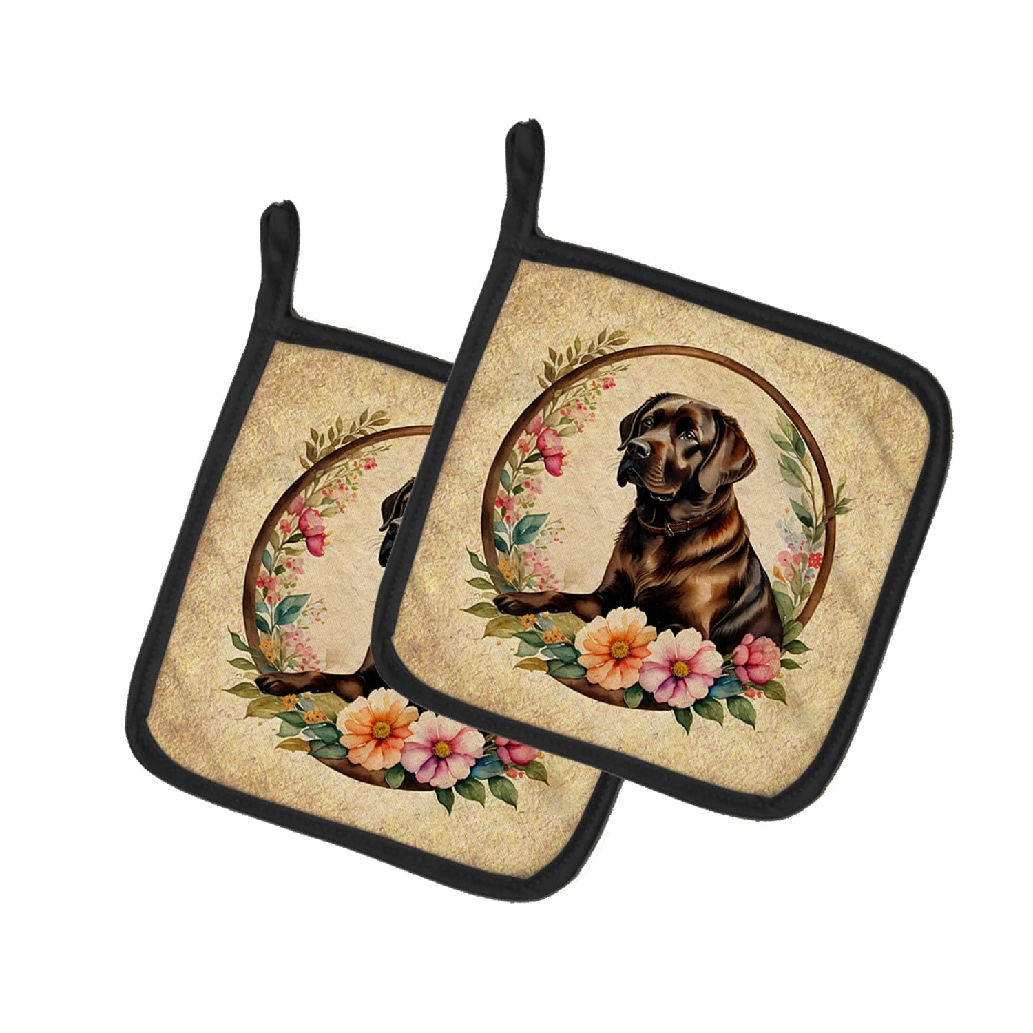 Chocolate Labrador Retriever and Flowers Pair of Pot Holders