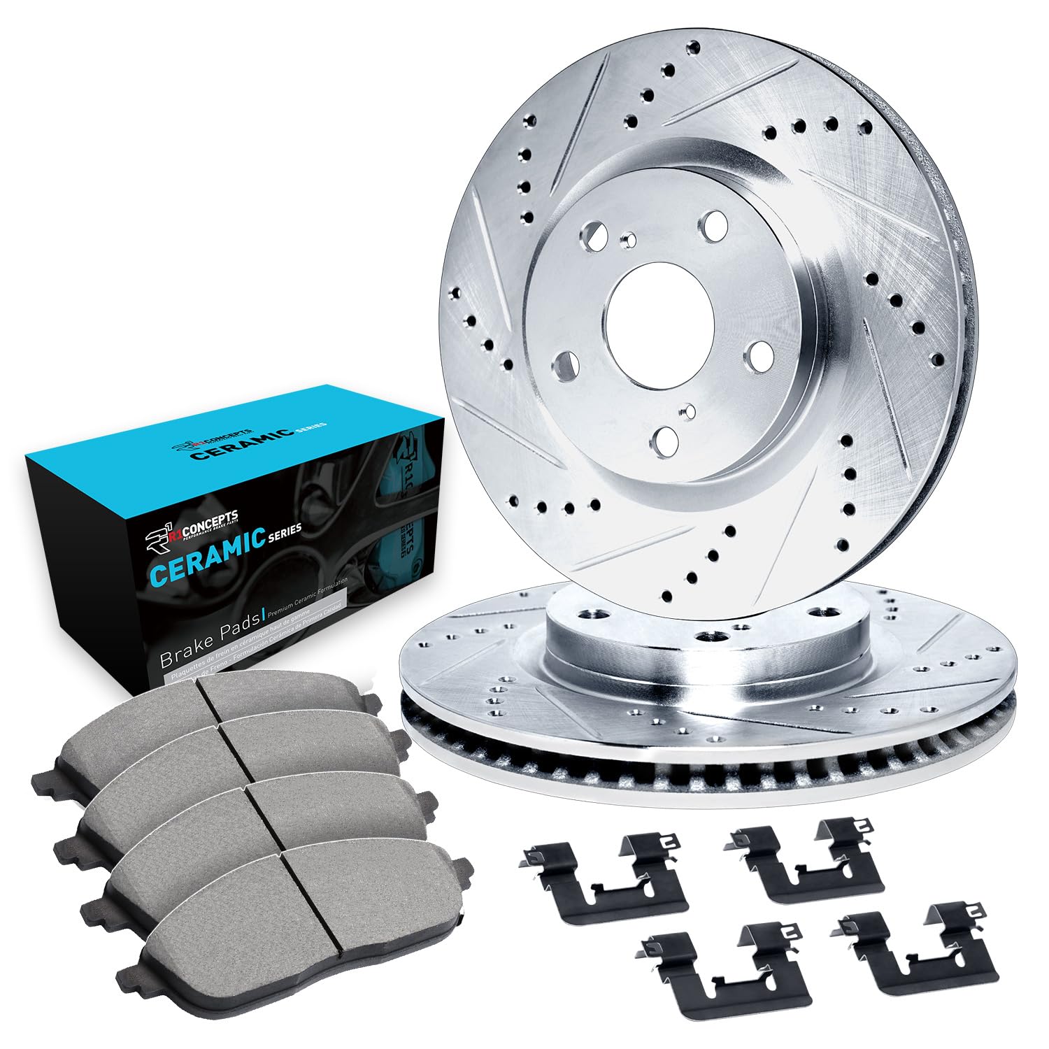 R1 Concepts Drilled and Slotted Silver Disc Brake Rotor Set with Ceramic Pads and Hardware WGWH1-73077