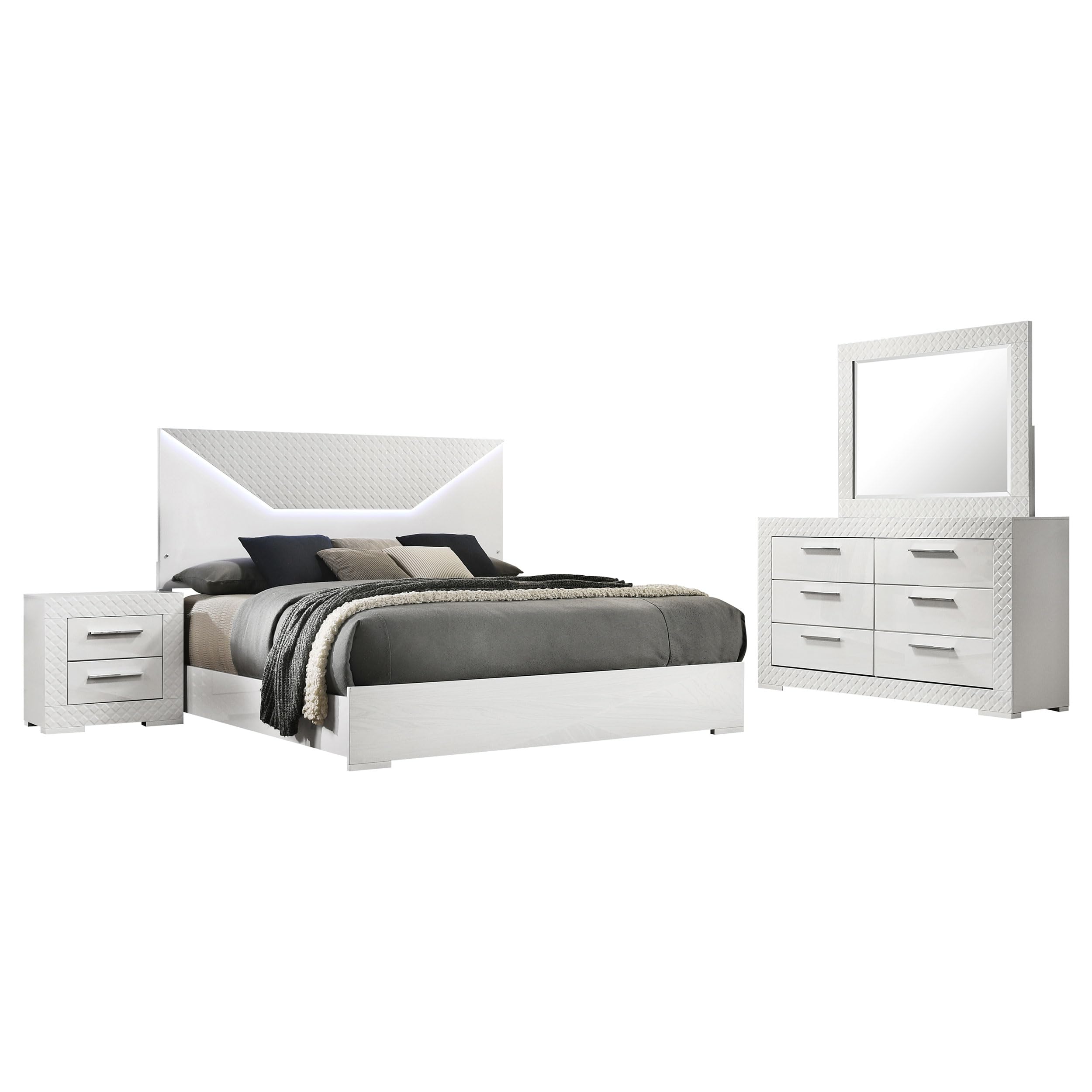 Ivon 4pc Queen Bedroom Set, Diamond Embossed, White High Gloss, LED