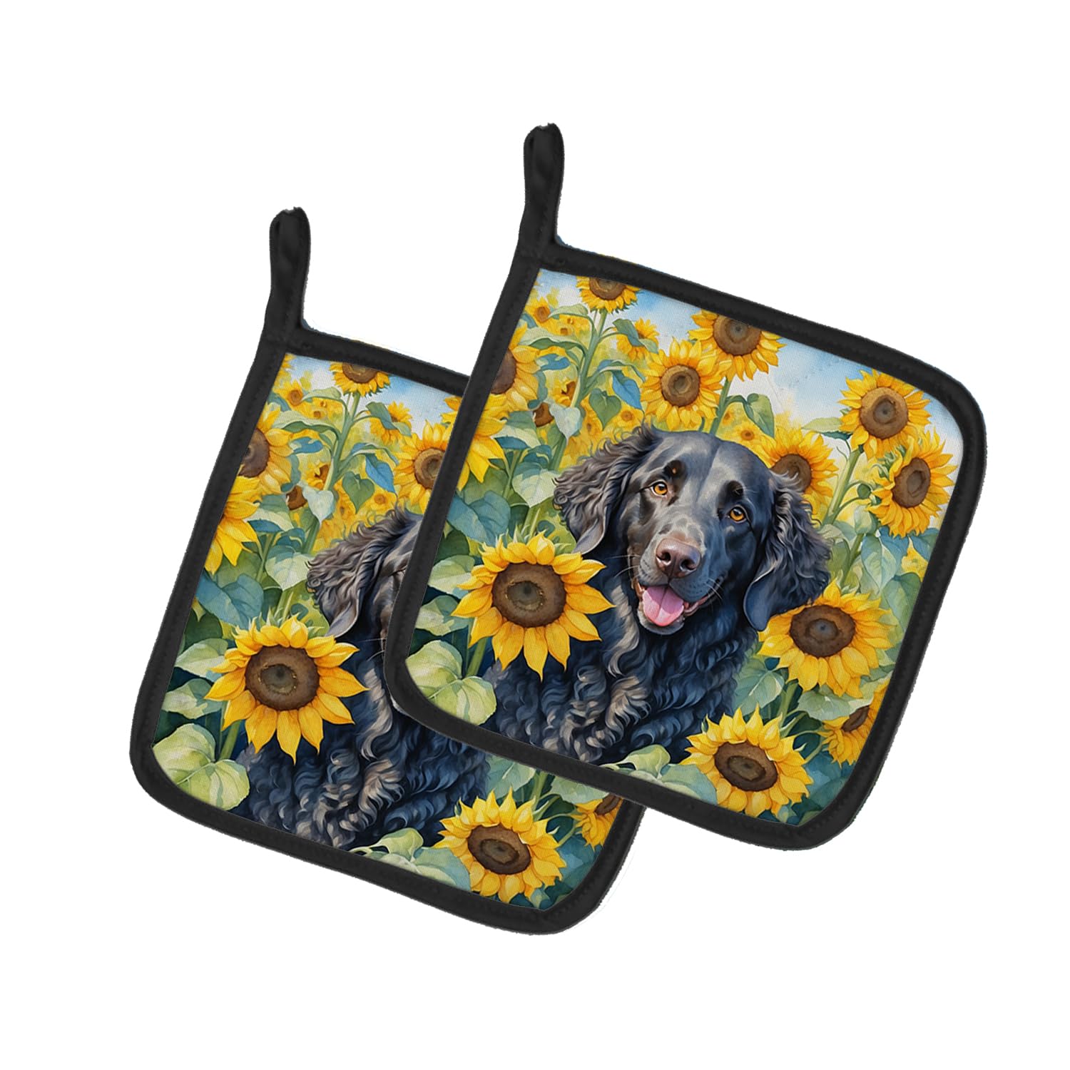 Curly-Coated Retriever in Sunflowers Pair of Pot Holders