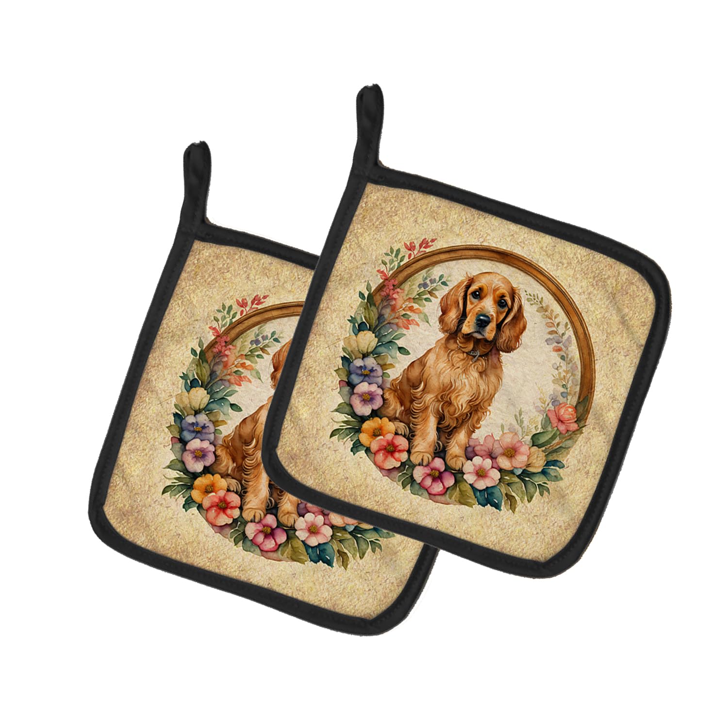 Cocker Spaniel and Flowers Pair of Pot Holders