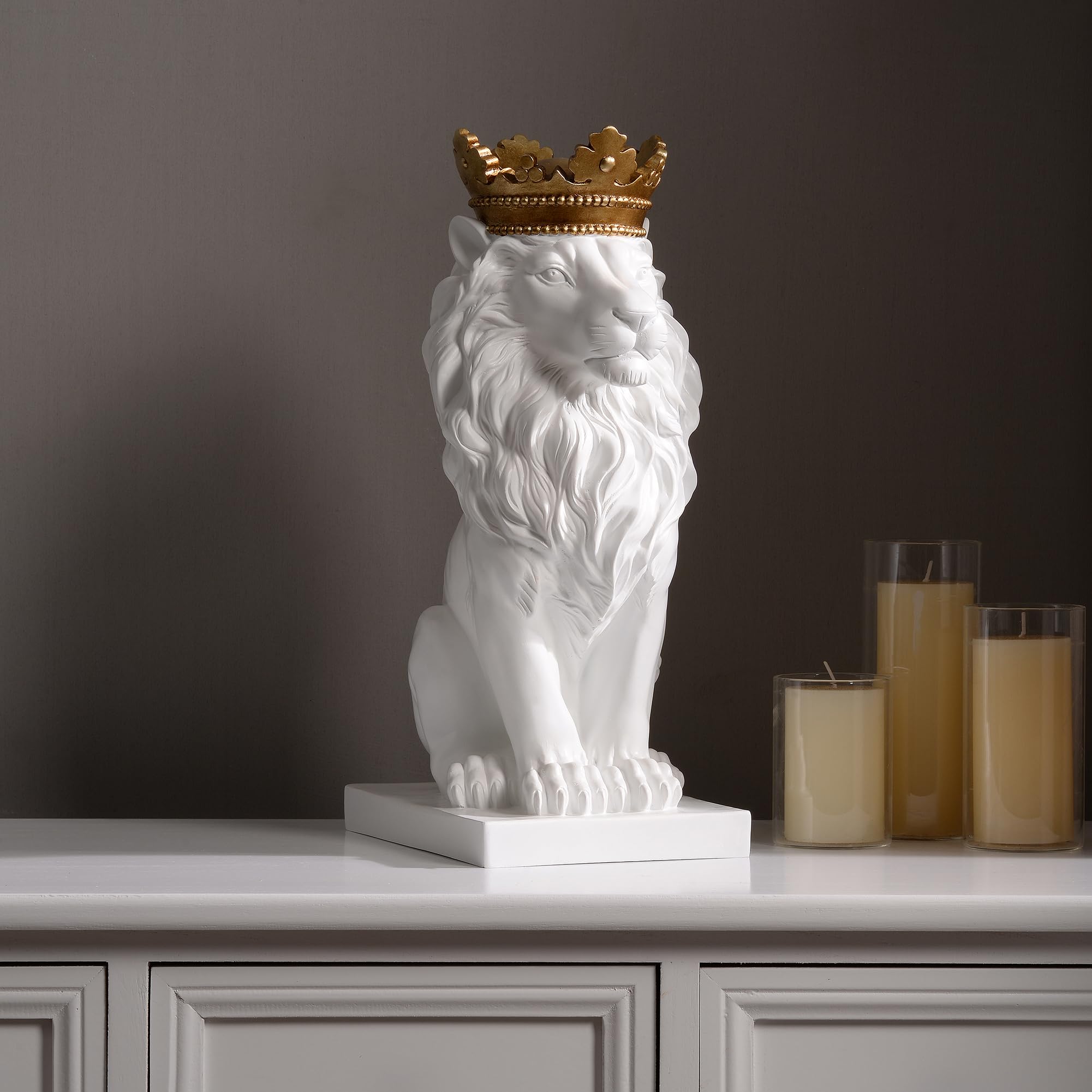 Hi-Line Gift Ltd 53007-WT 14.5 H White Sitting Lion W/ Gold Crown Resin Statue Home Decor Living Room Display