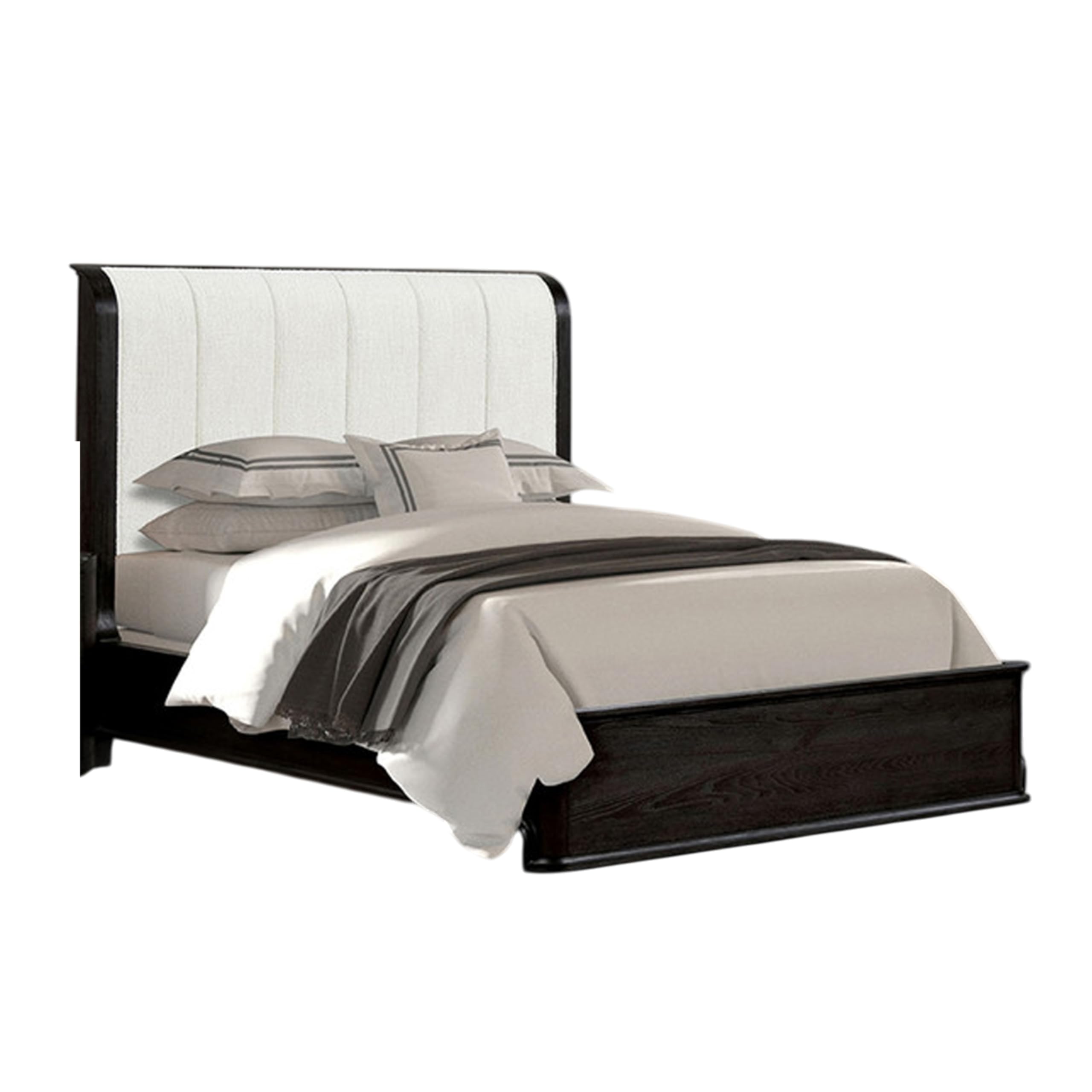 Osko Queen Bed, Vertical Channeled White Upholstered Headboard, Black
