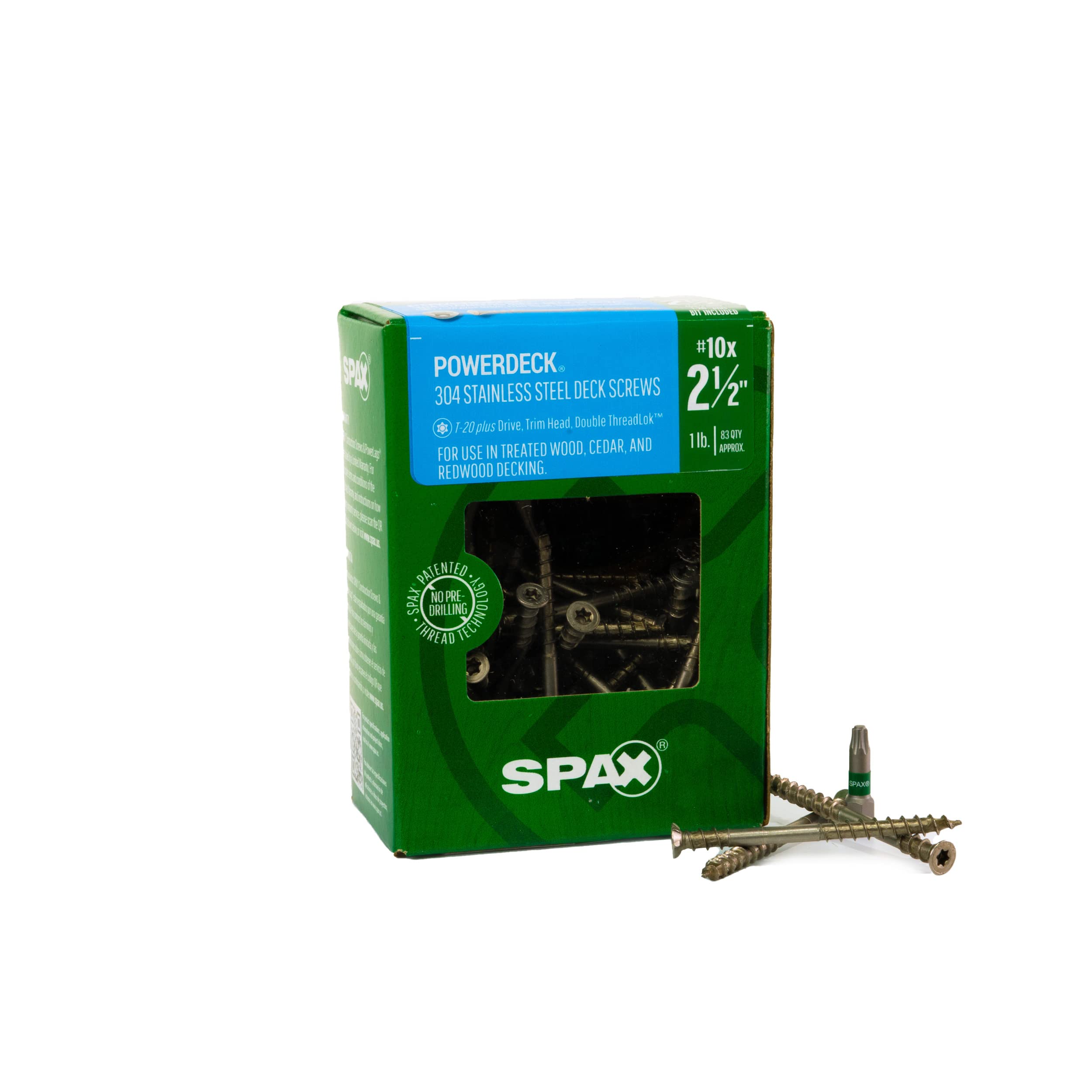 Spax 45705008401004#10 X 2-1/2 Flat Head, 304 Stainless Steel, Deck Construction Screw, T-Star+ Drive (Bit Included), 83 Count