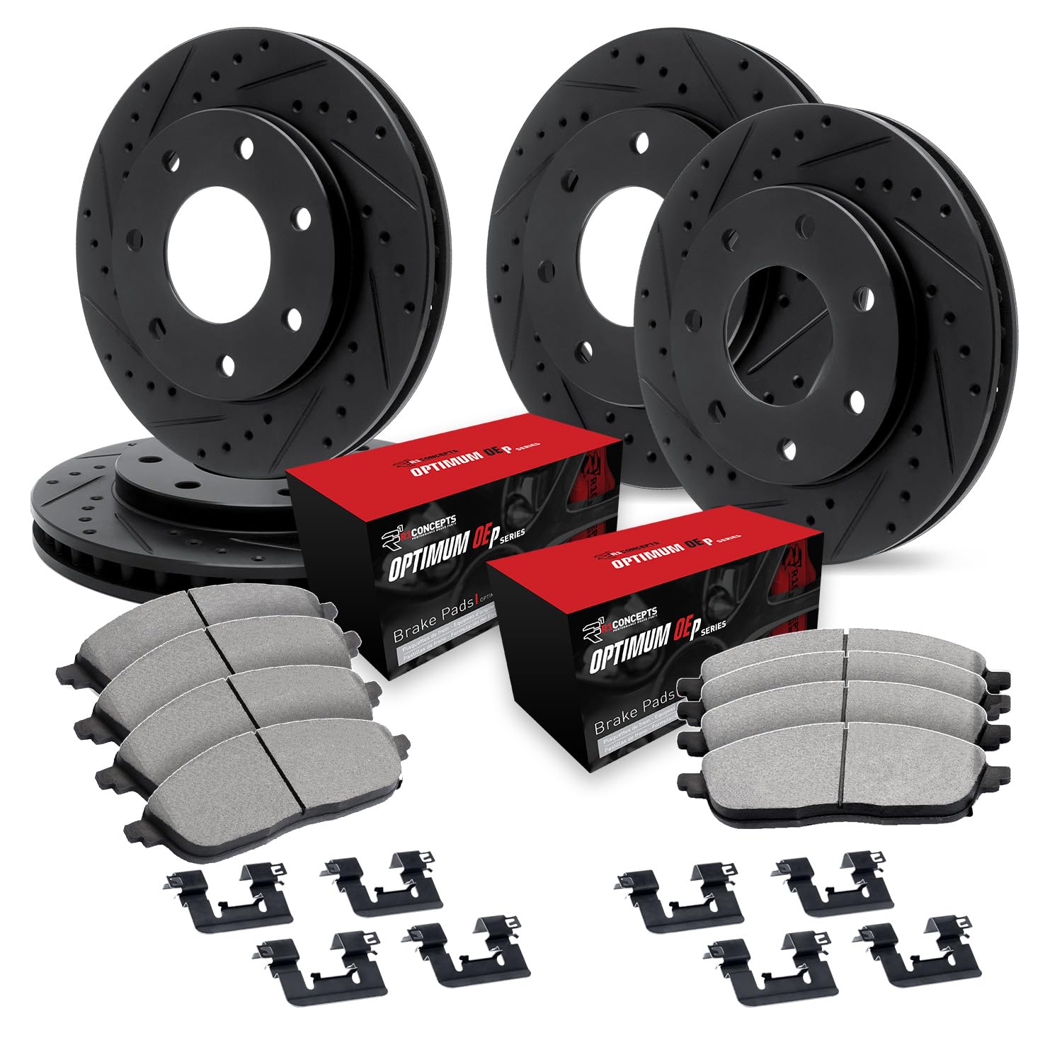R1 Concepts Drilled and Slotted Black Disc Brake Rotor Set with Optimum Oe Pads and Hardware WHUH2-54111