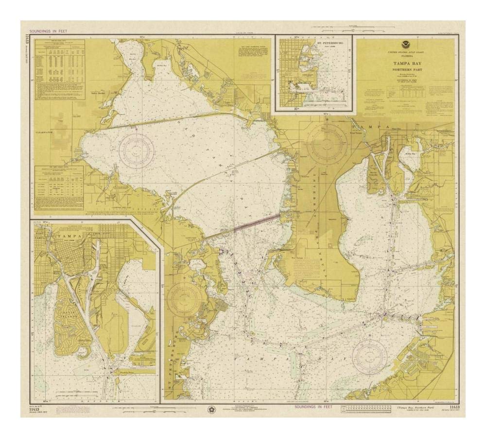 Nautical Chart - Tampa Bay - Northern Part ca. 1975 - Sepia Tinted-Paper Art-24x22”