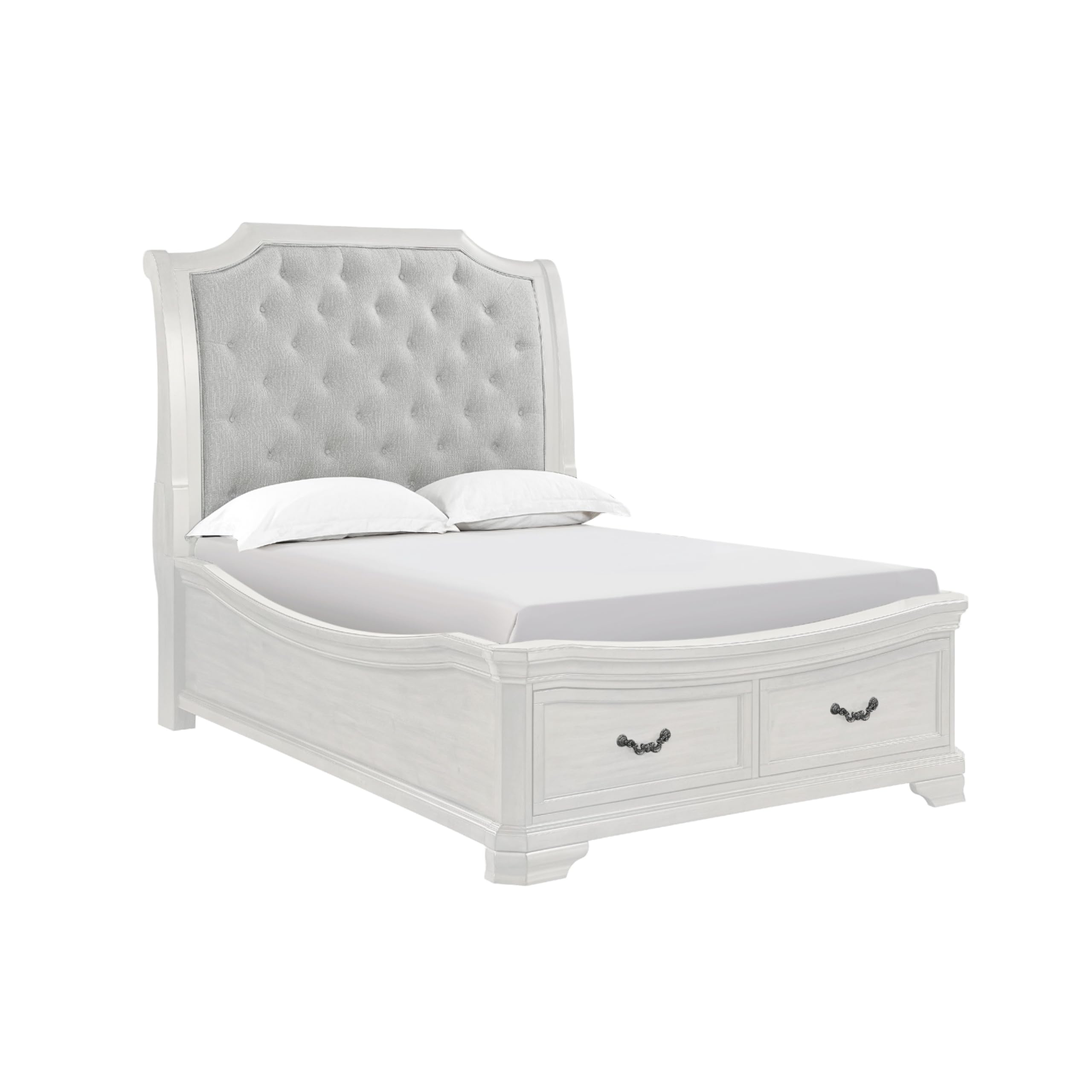 Lynda Queen Bed, Gray Button Tufted Design, 2 Drawers, Vintage White