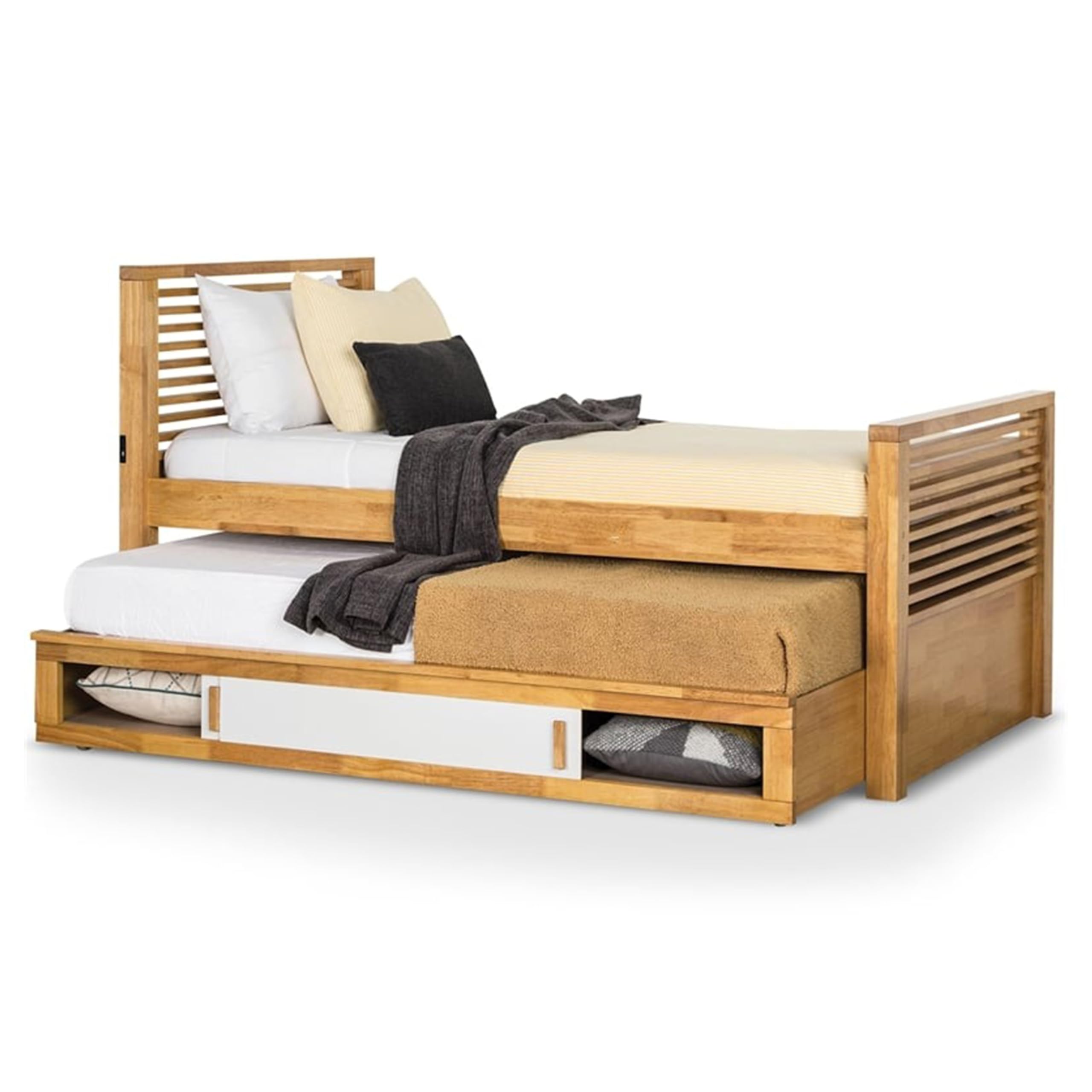 Dilu Full Size Captain Bed with Storage Trundle, Light Oak Brown