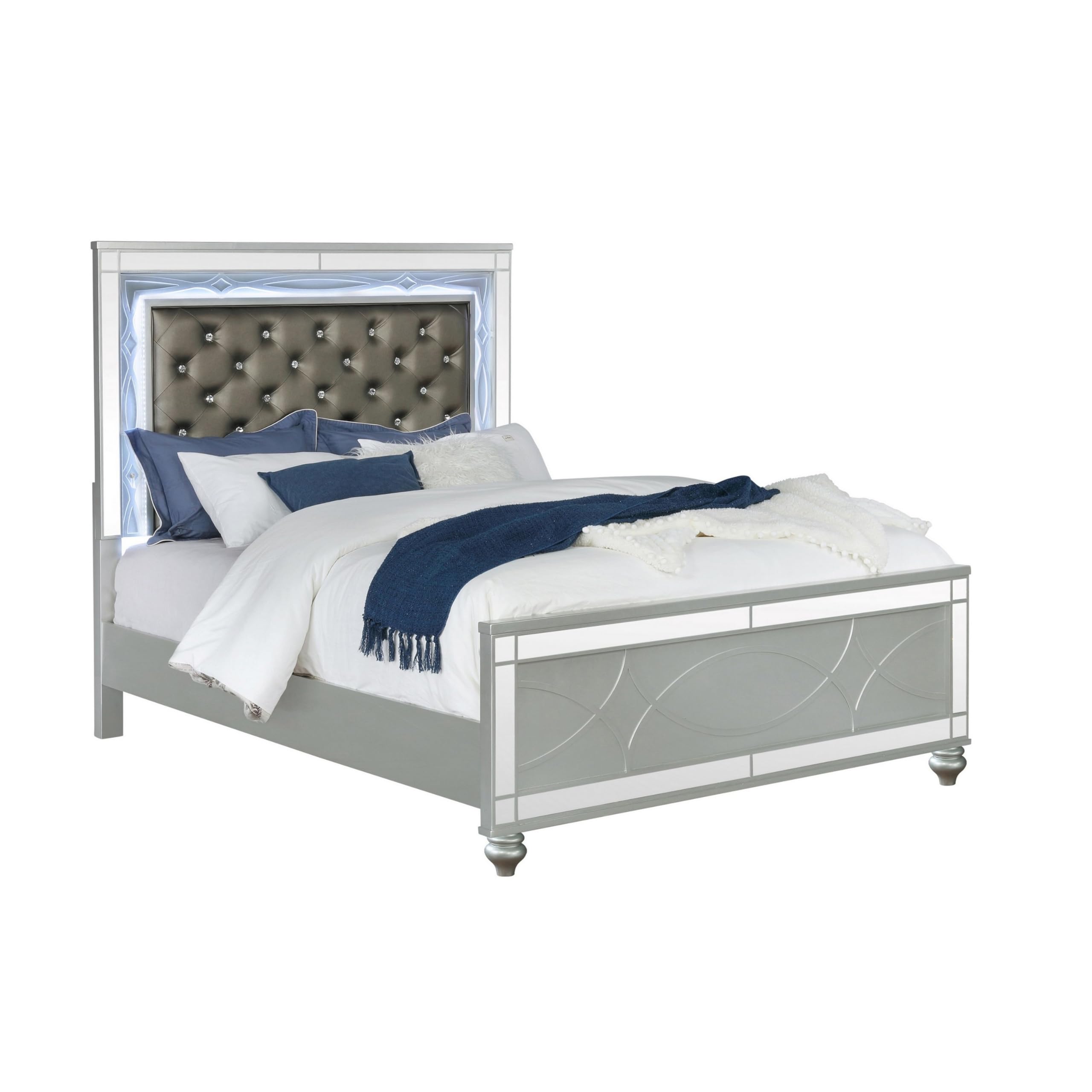 Gina Queen Panel Bed, LED Headboard, Gray Faux Leather Upholstery, Silver