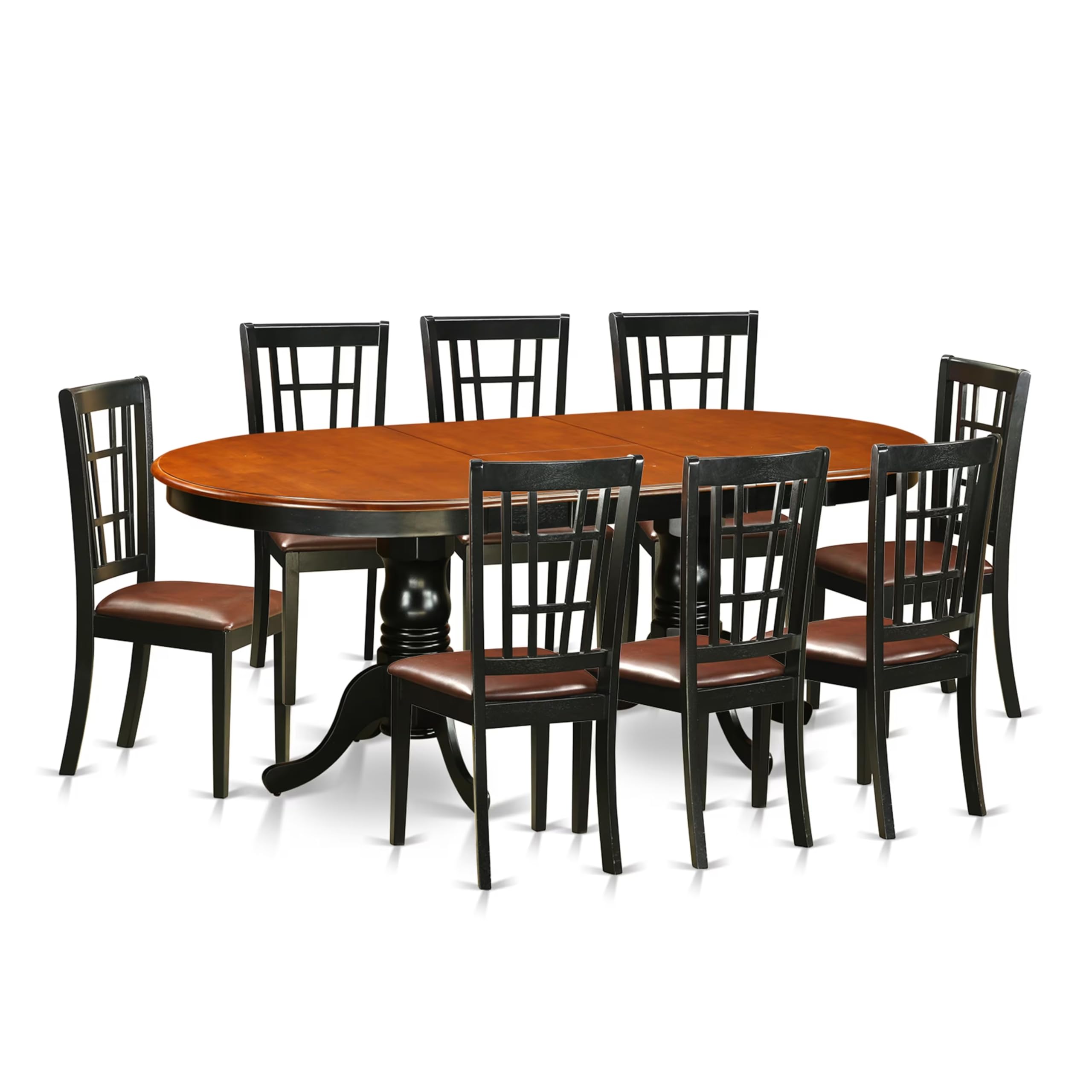 East West Furniture Plni9-Bch-Lc 9 Piece Dining Room Table Set Includes An Oval Wooden Table With Butterfly Leaf And 8 Faux Leather Kitchen Dining Chairs, 42X78 Inch, Black & Cherry
