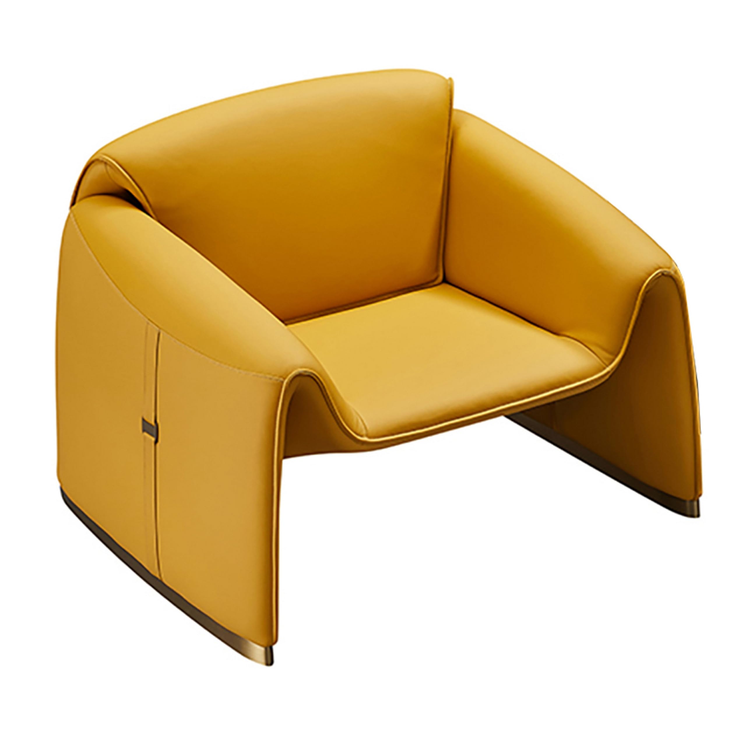 Hei 38 Inch Accent Chair, Yellow Real Leather Upholstery, Gold Metal Finish