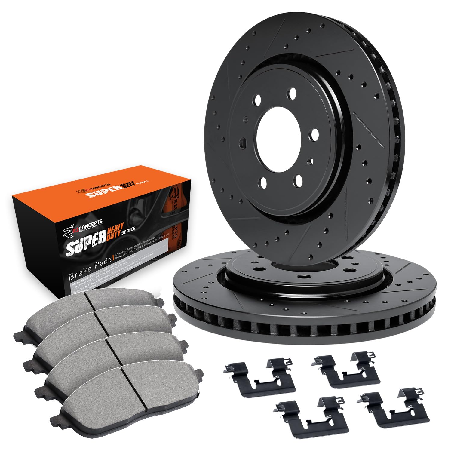 R1 Concepts Drilled and Slotted Black Disc Brake Rotor Set with Super Duty Pads and Hardware WHXH1-48143