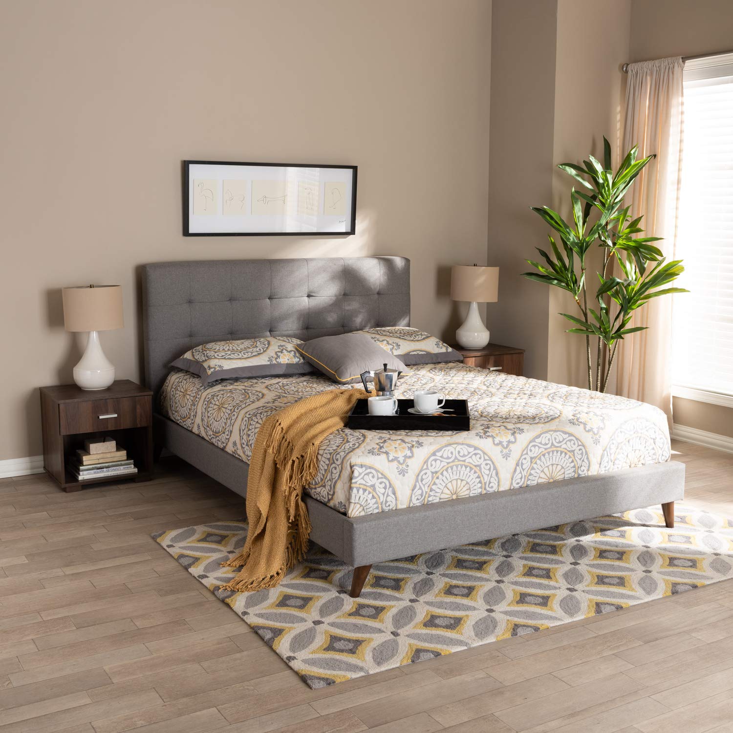Baxton Studio Maren Mid-Century Modern Light Grey Fabric Upholstered Queen Size Platform Bed With Two Nightstands