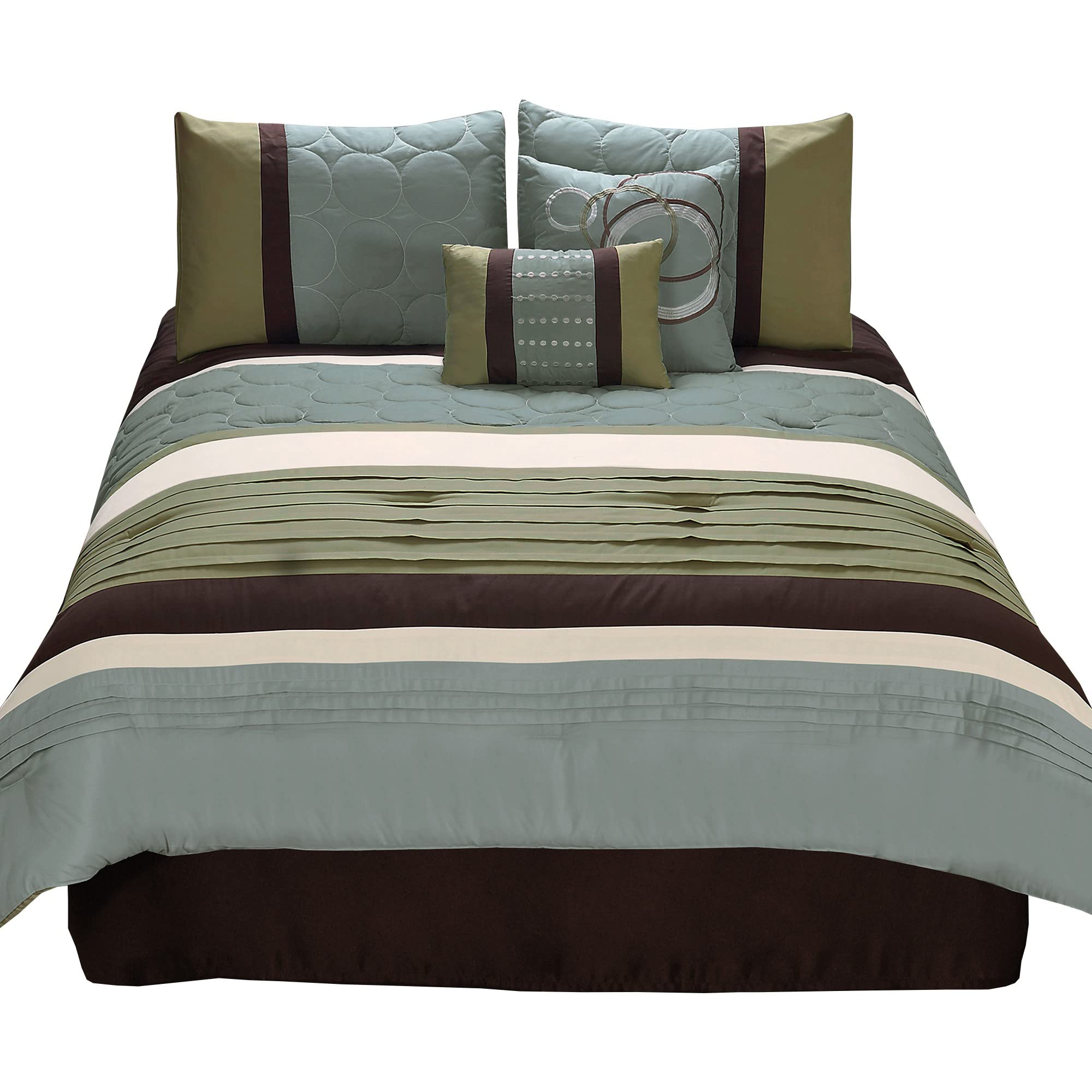 6 Piece King Comforter Set with Pleats and Embroidery, Green and Blue