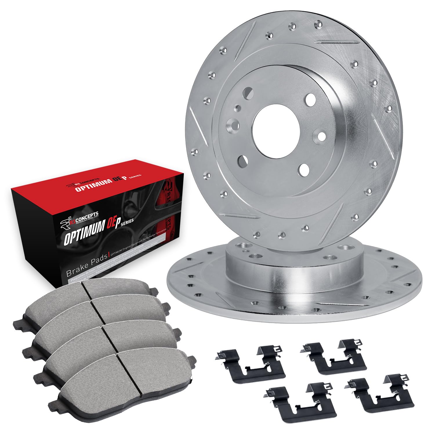R1 Concepts Drilled and Slotted Silver Disc Brake Rotor Set with Optimum Oe Pads and Hardware WGUH1-92014