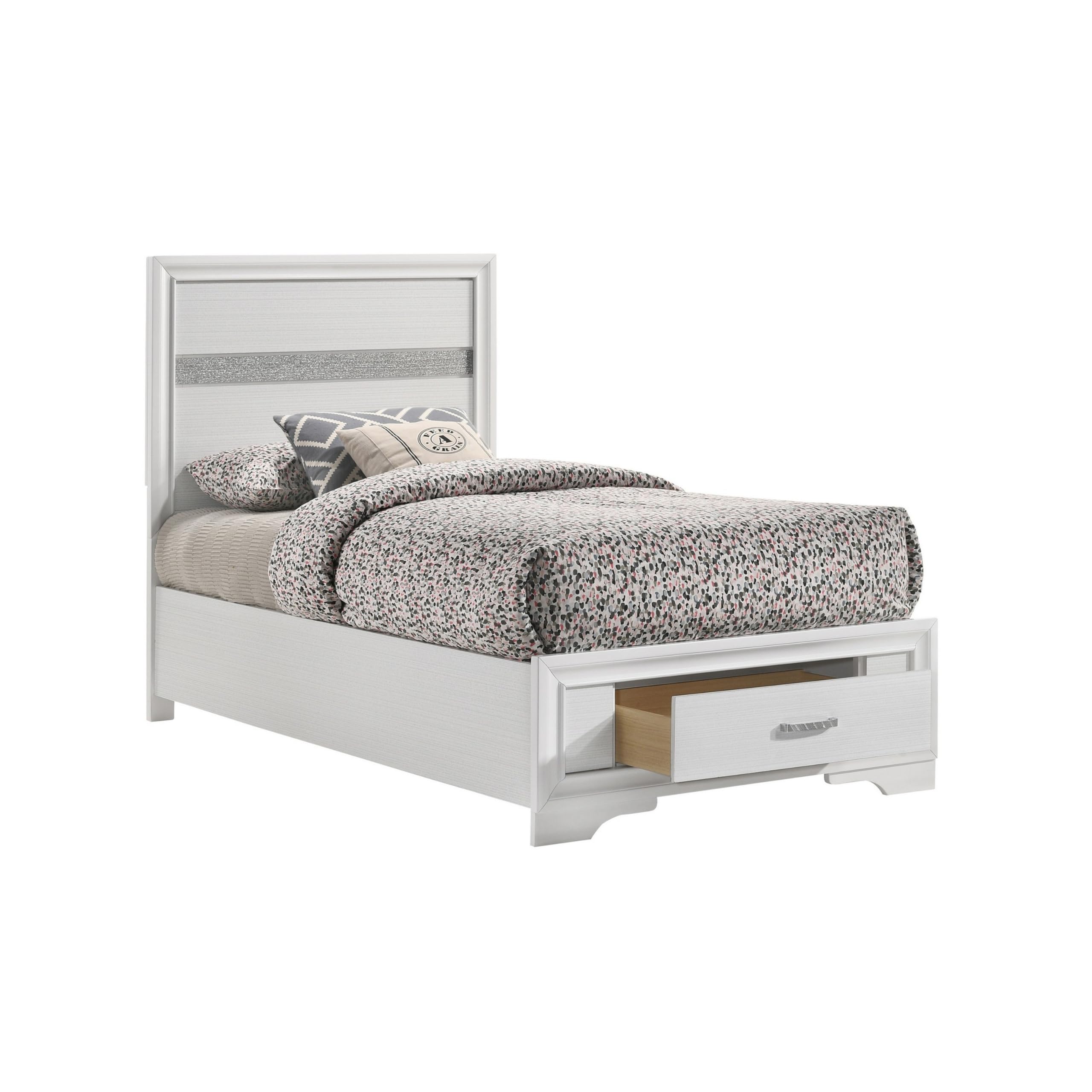 Vino Twin Size Panel Bed with 2 Storage Drawers, Acrylic Glitter, White