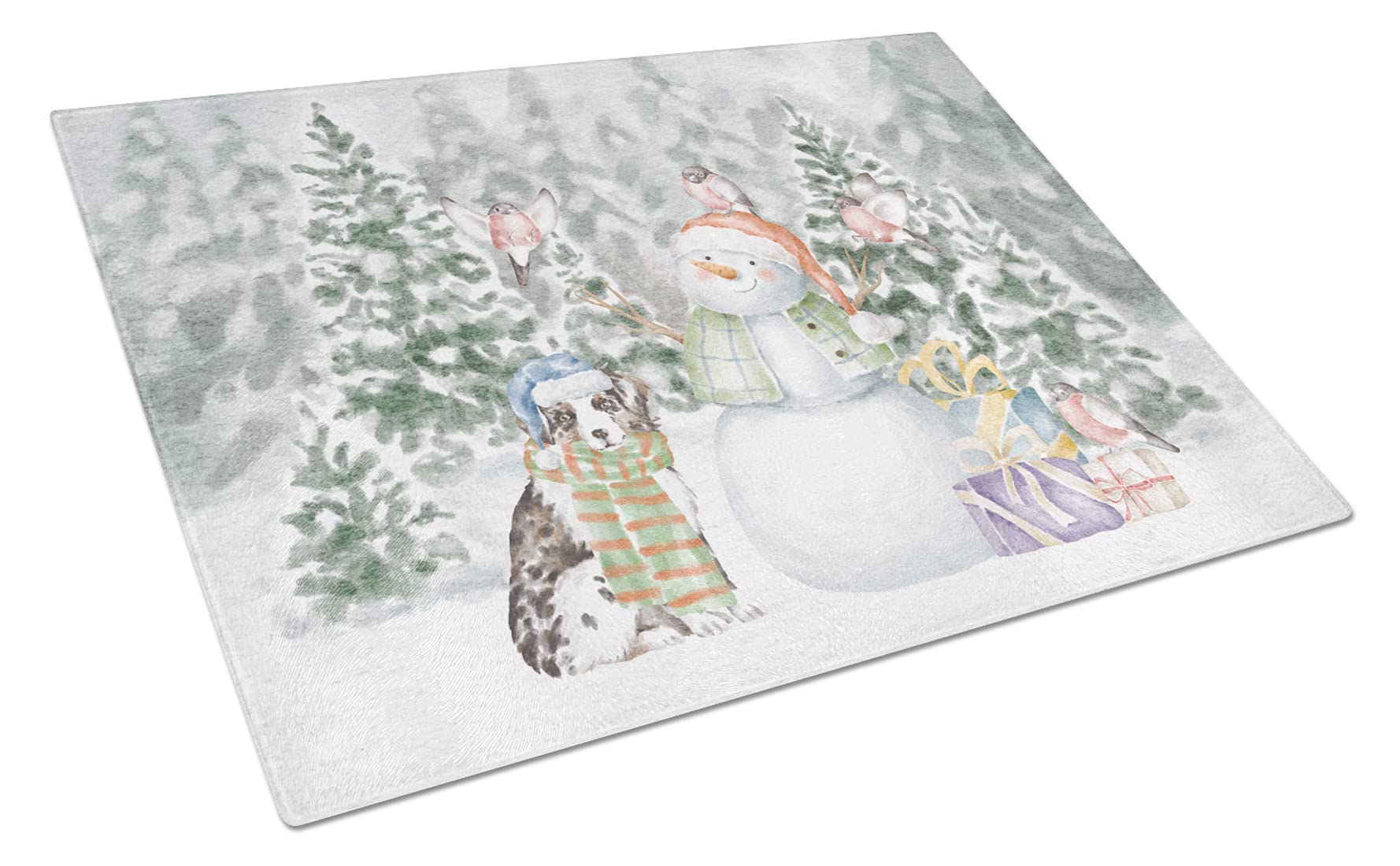 Carolines Treasures CK8044LCB Australian Shepherd Puppy Blue Merle Snowman and Christmas Presents Glass Cutting Board Large Decorative Tempered Glass Kitchen Cutting and Serving Board Large Size Chop