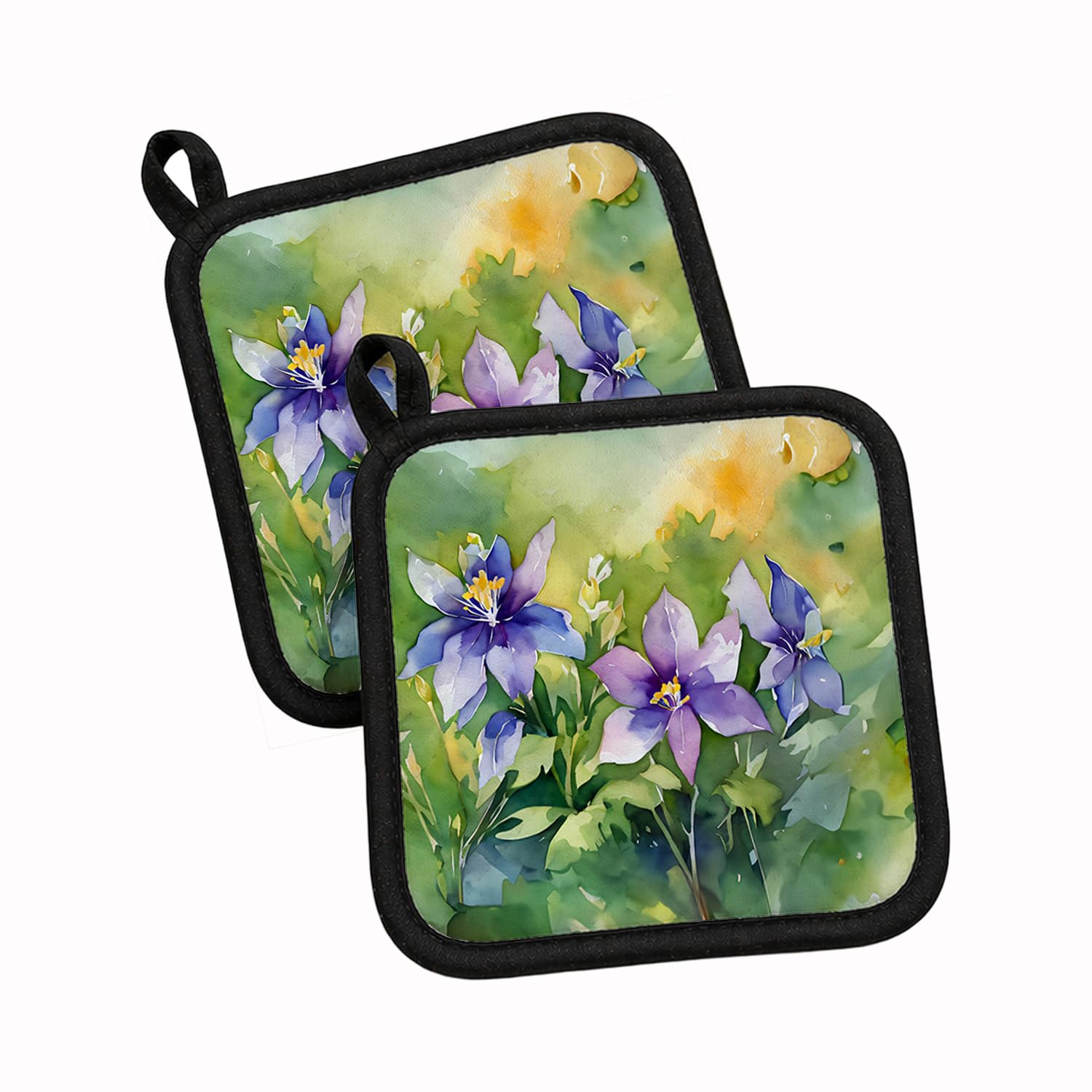 Carolines Treasures Colorado Rocky Mountain Columbine in Watercolor Pair of Pot Holders Kitchen Heat Resistant Pot Holders Sets Oven Hot Pads for Cooking Baking BBQ, 7 1/2 x 7 1/2