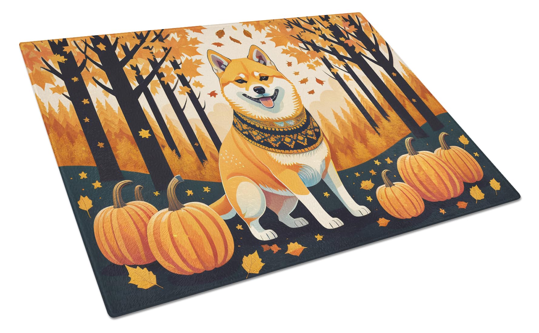 Carolines Treasures DAC1072LCB Shiba Inu Fall Glass Cutting Board Large Decorative Tempered Glass Kitchen Cutting and Serving Board Large Size Chopping Board