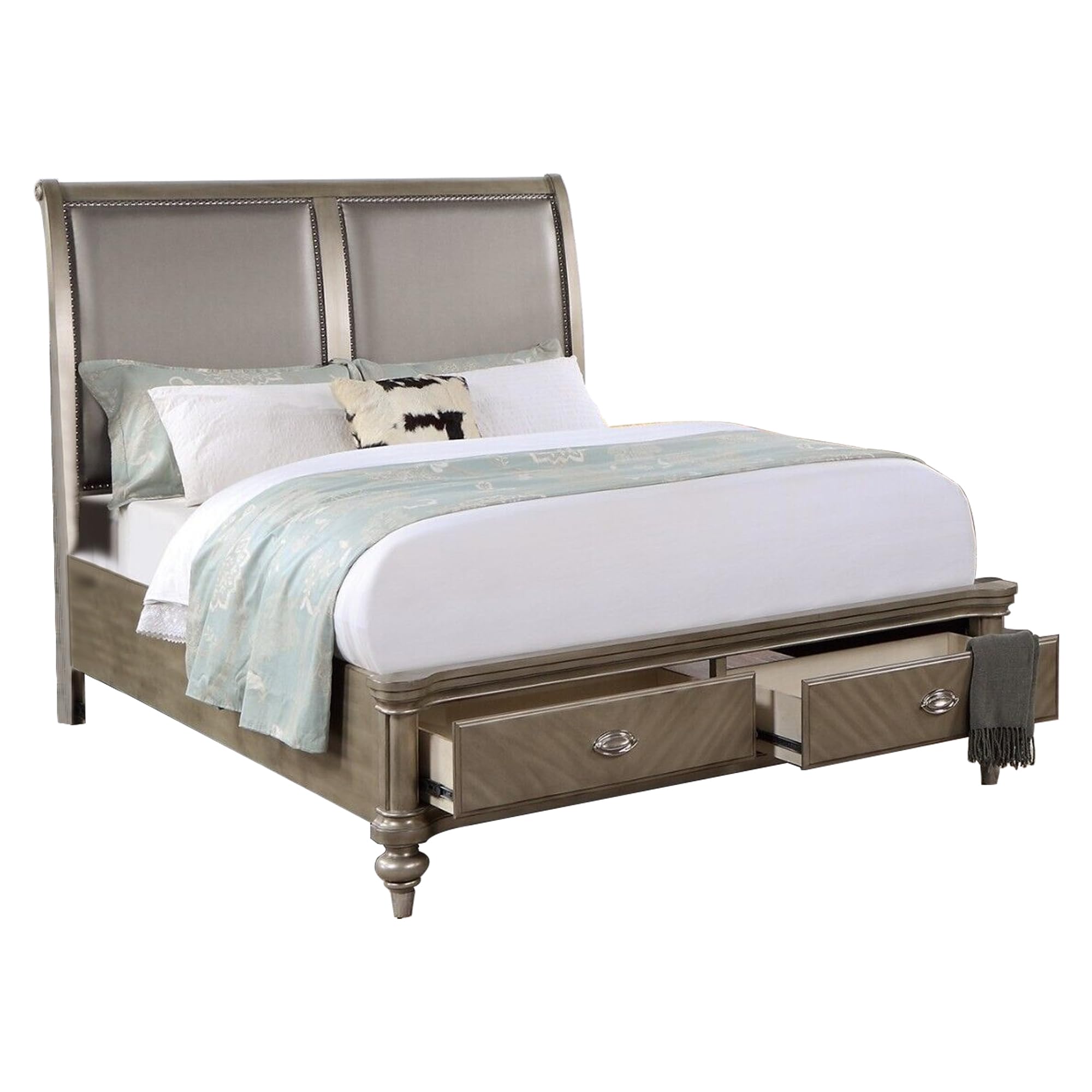 Ella Modern Queen Bed, Faux Leather Upholstery, 2 Storage Drawers, Gold