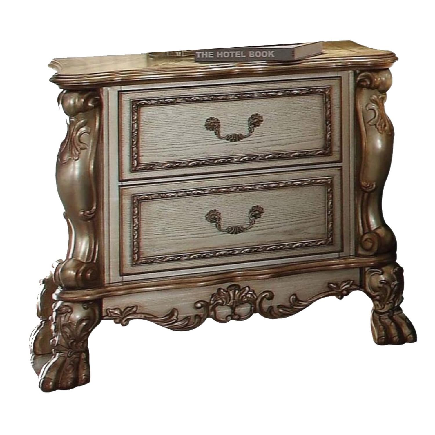 Wooden Nightstand with Two Drawers, Gold & Bone White