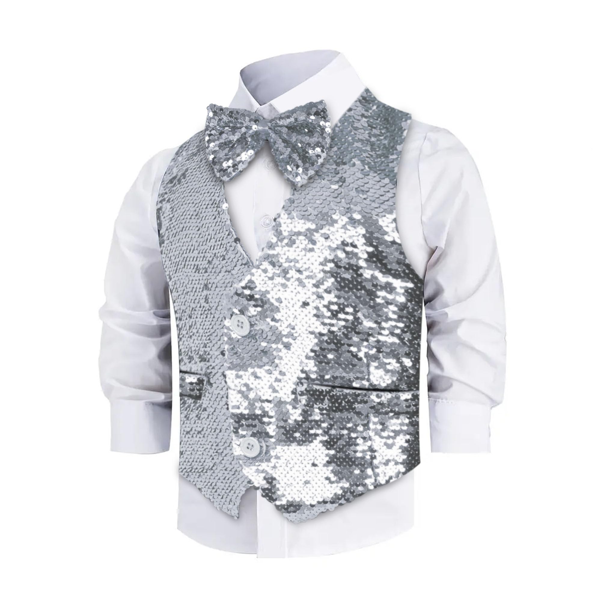 Silver Sequined Vest & Bow Tie - L (12-14)