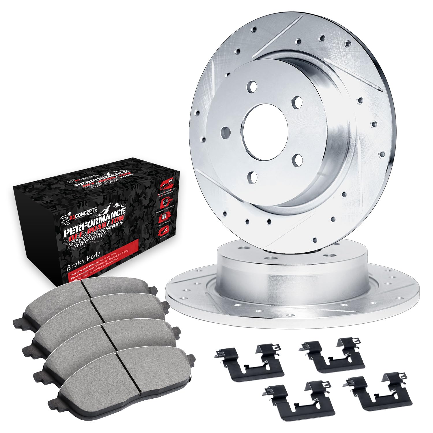 R1 Concepts Drilled and Slotted Silver Disc Brake Rotor Set with Off-Road/Tow Brake Pads and Hardware WGVH1-42014