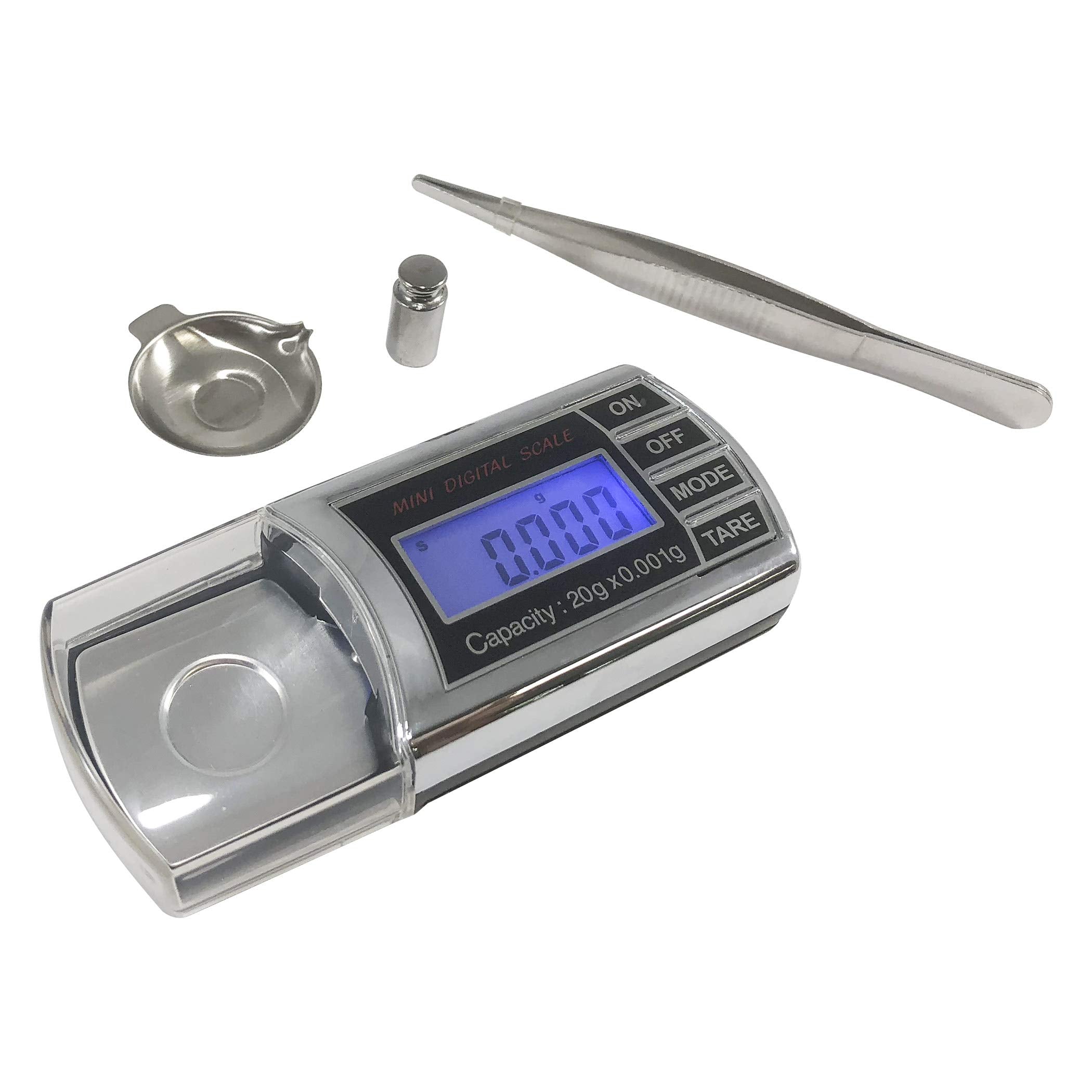 The milligram scale comes in a storage box, with (1) 10g weight (1) tweezers, (1) 1.4 x 1.2 metal tray, (1) Protective case, (1) Leather pouch